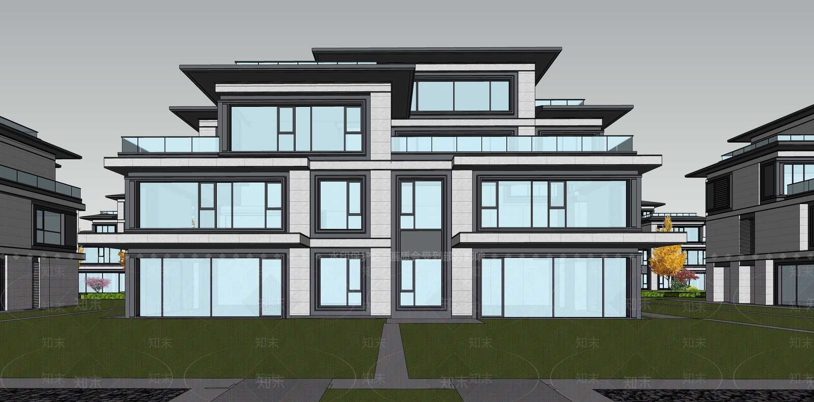 现代新中式小区建筑SU模型下载【ID:1186907087】
