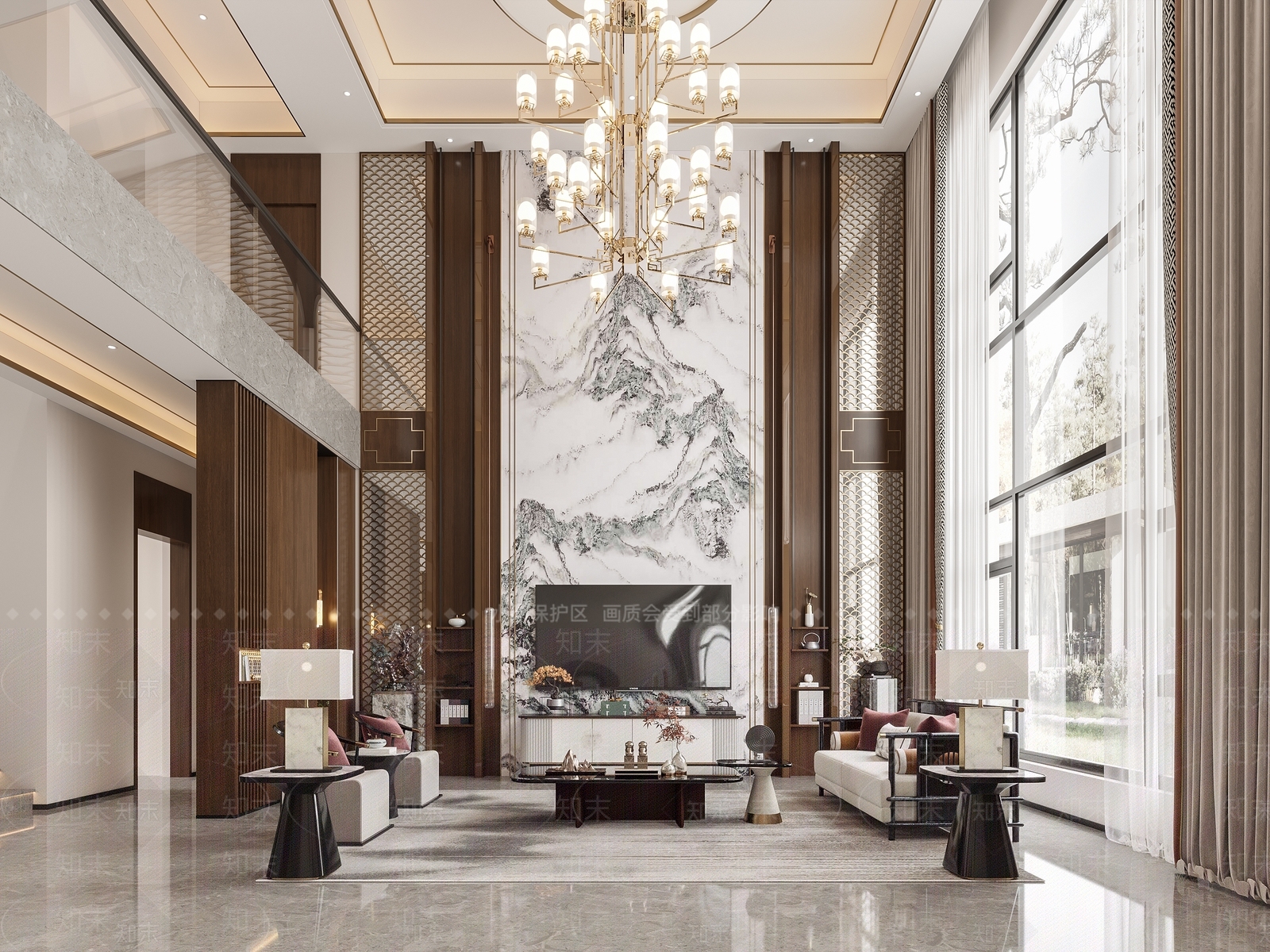 新中式轻奢别墅客厅3D模型下载【ID:1186927491】