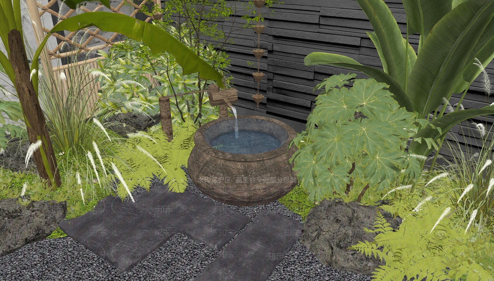 日式新中式水景SU模型下载【ID:1186955296】