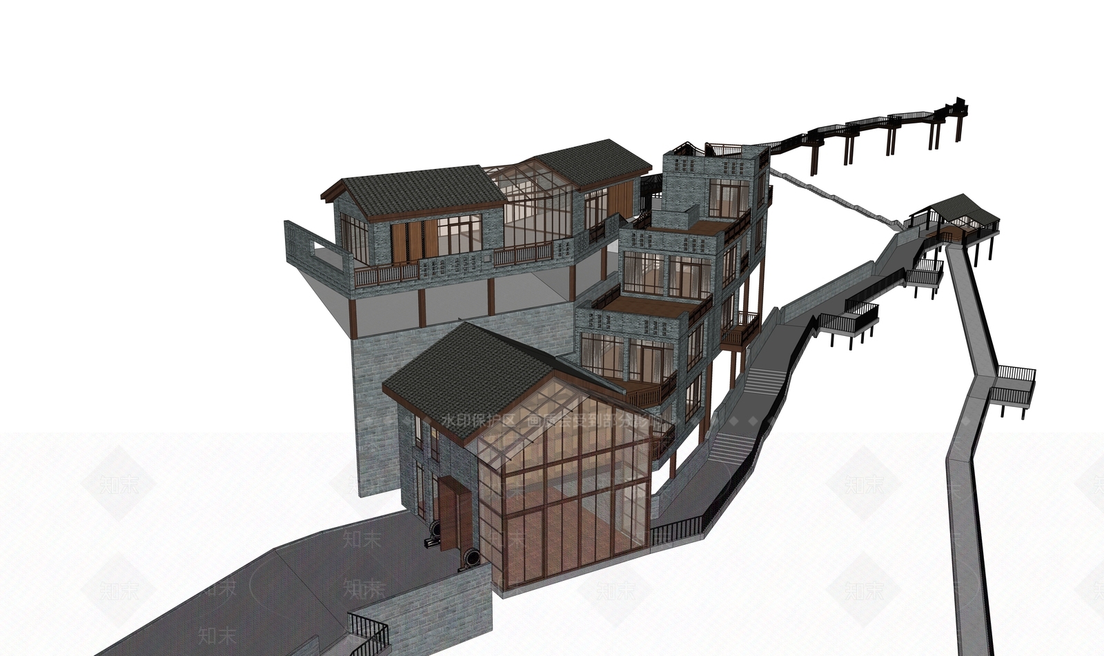 现代新中式风格建筑SU模型下载【ID:1186961878】