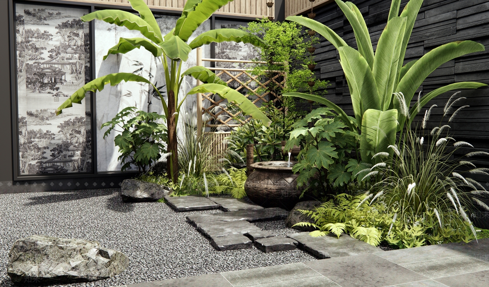 新中式日式室内景观3D模型下载【ID:1186971100】