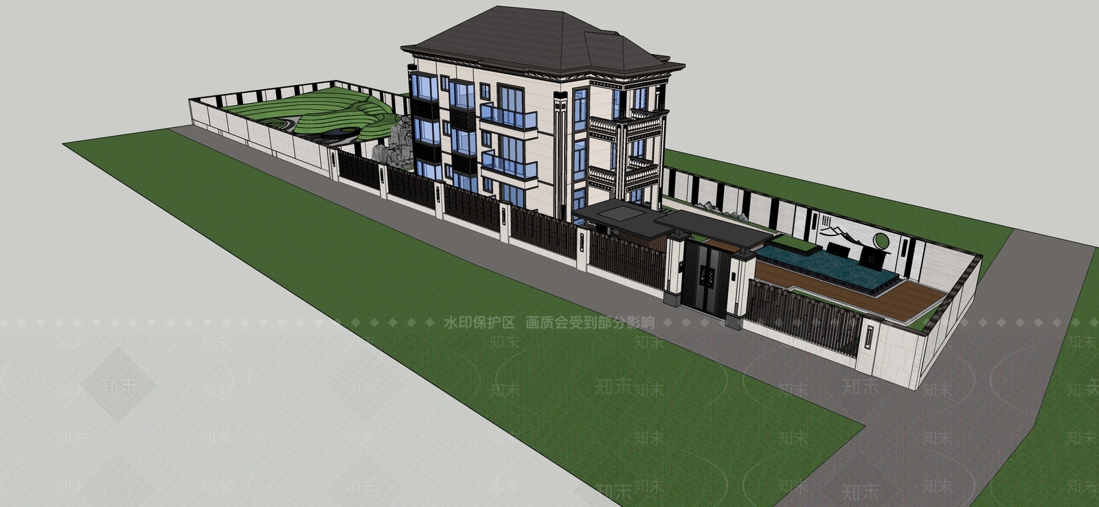 新中式别墅庭院SU模型下载【ID:1186979822】