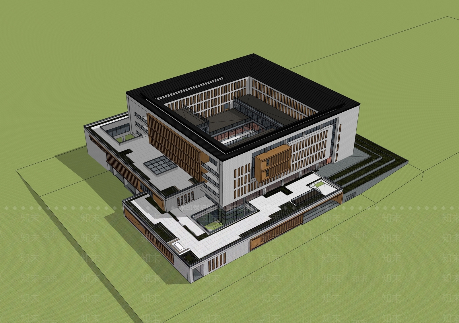 现代新中式图书馆建筑SU模型下载【ID:1186983336】