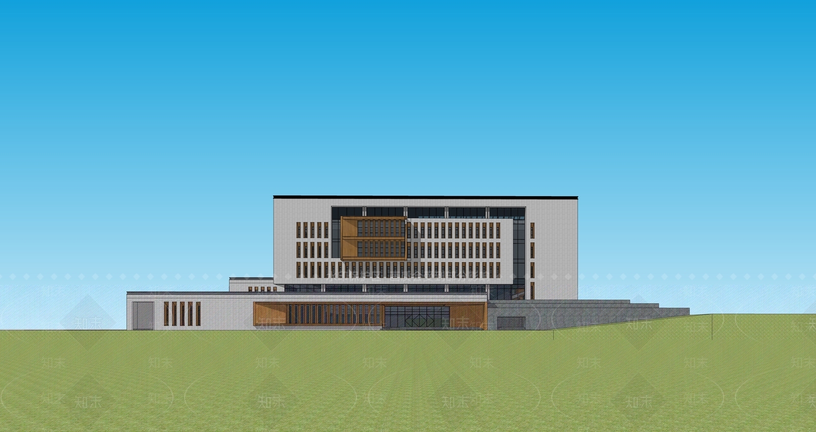 现代新中式图书馆建筑SU模型下载【ID:1186983336】