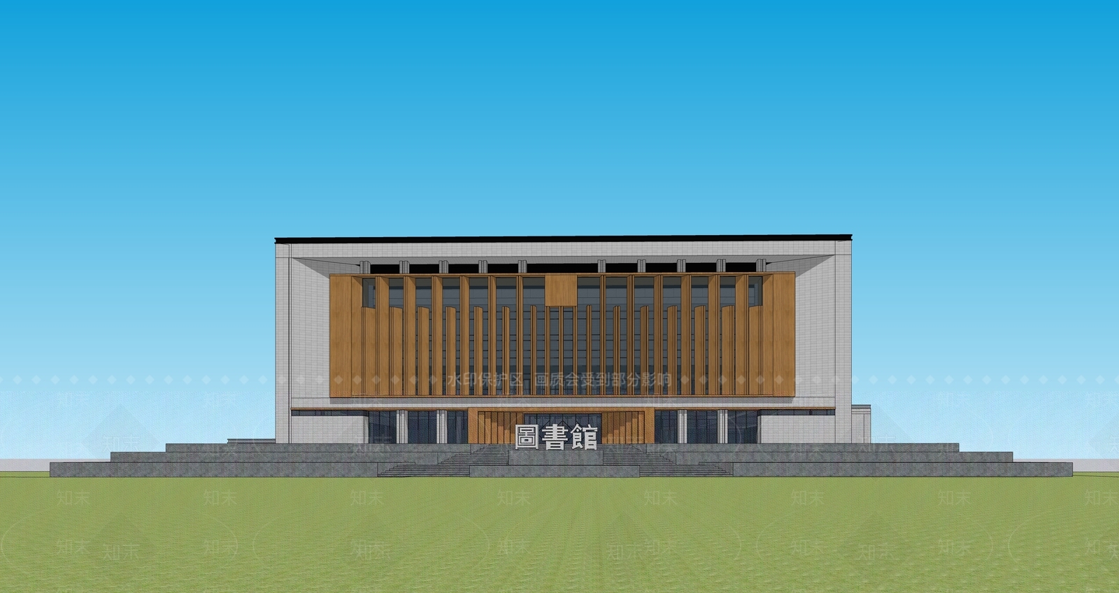 现代新中式图书馆建筑SU模型下载【ID:1186983336】