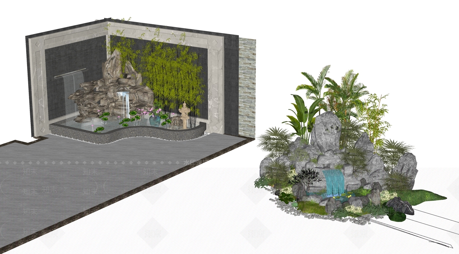 新中式现代庭院小品SU模型下载【ID:1186984378】