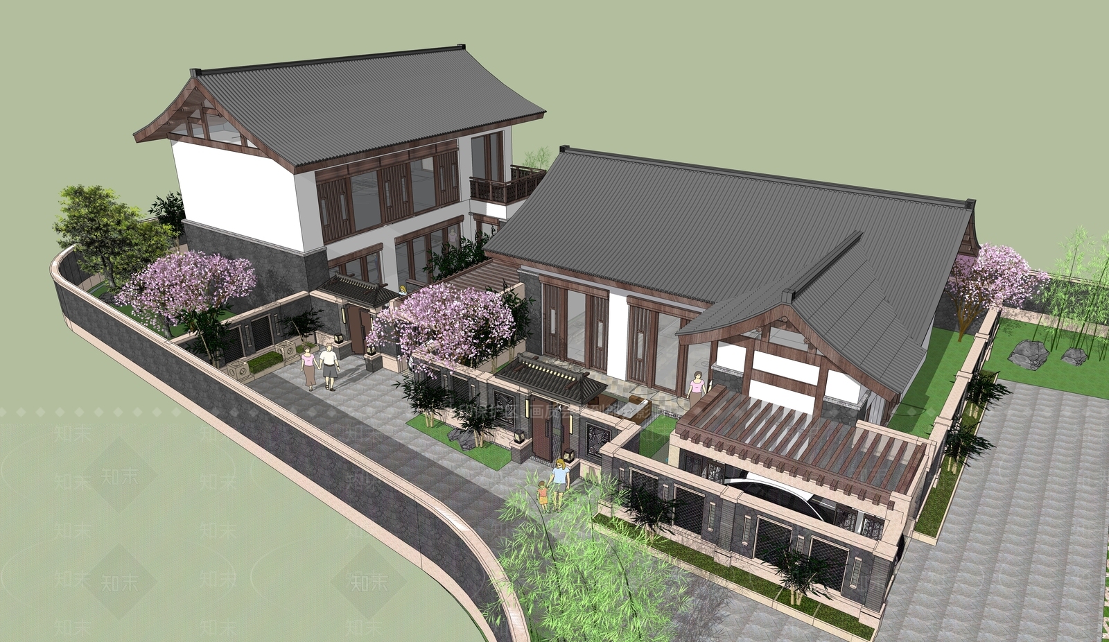 新中式现代民宿建筑SU模型下载【ID:1187013707】