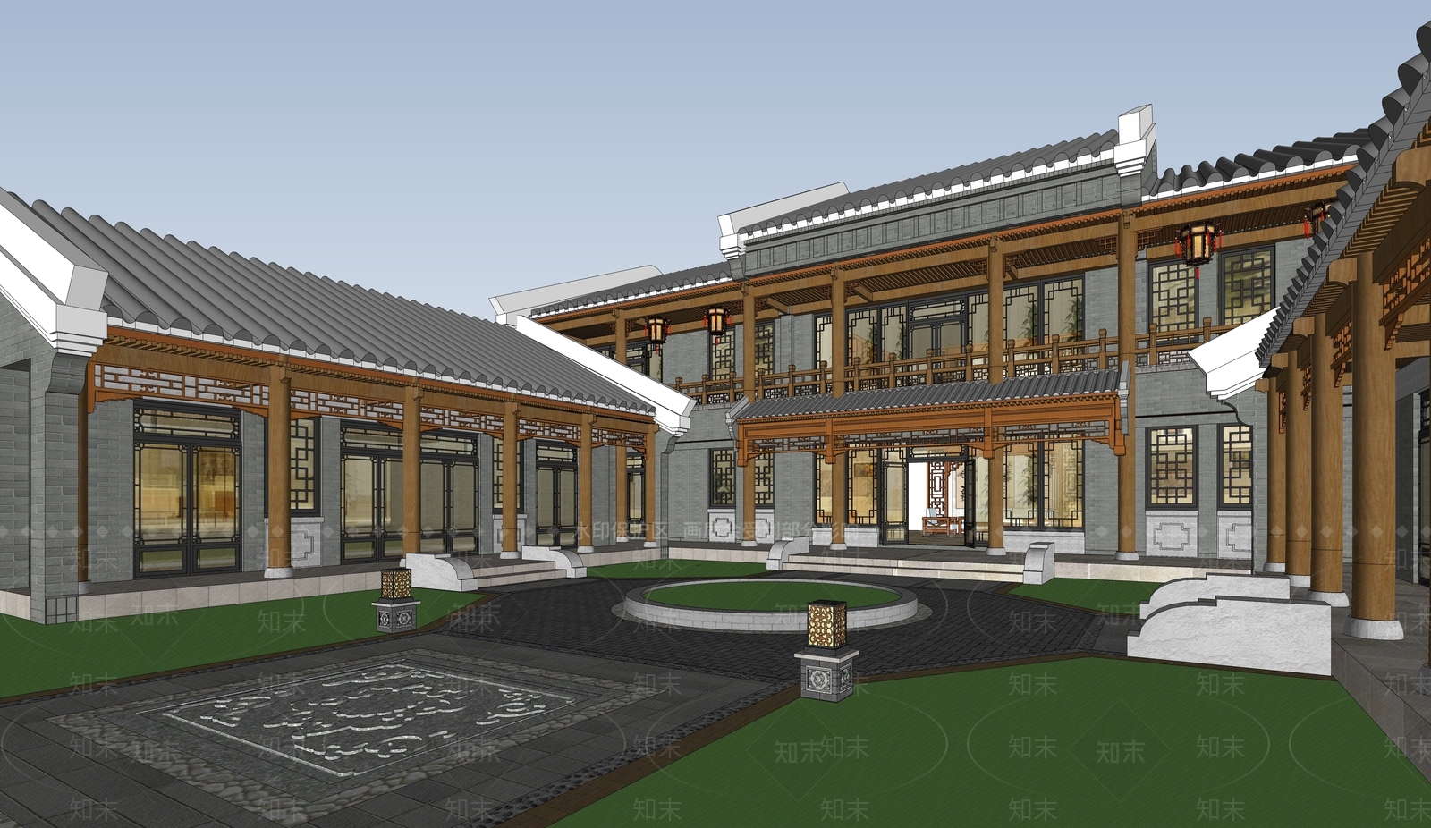 新中式中式民宿建筑SU模型下载【ID:1187013913】