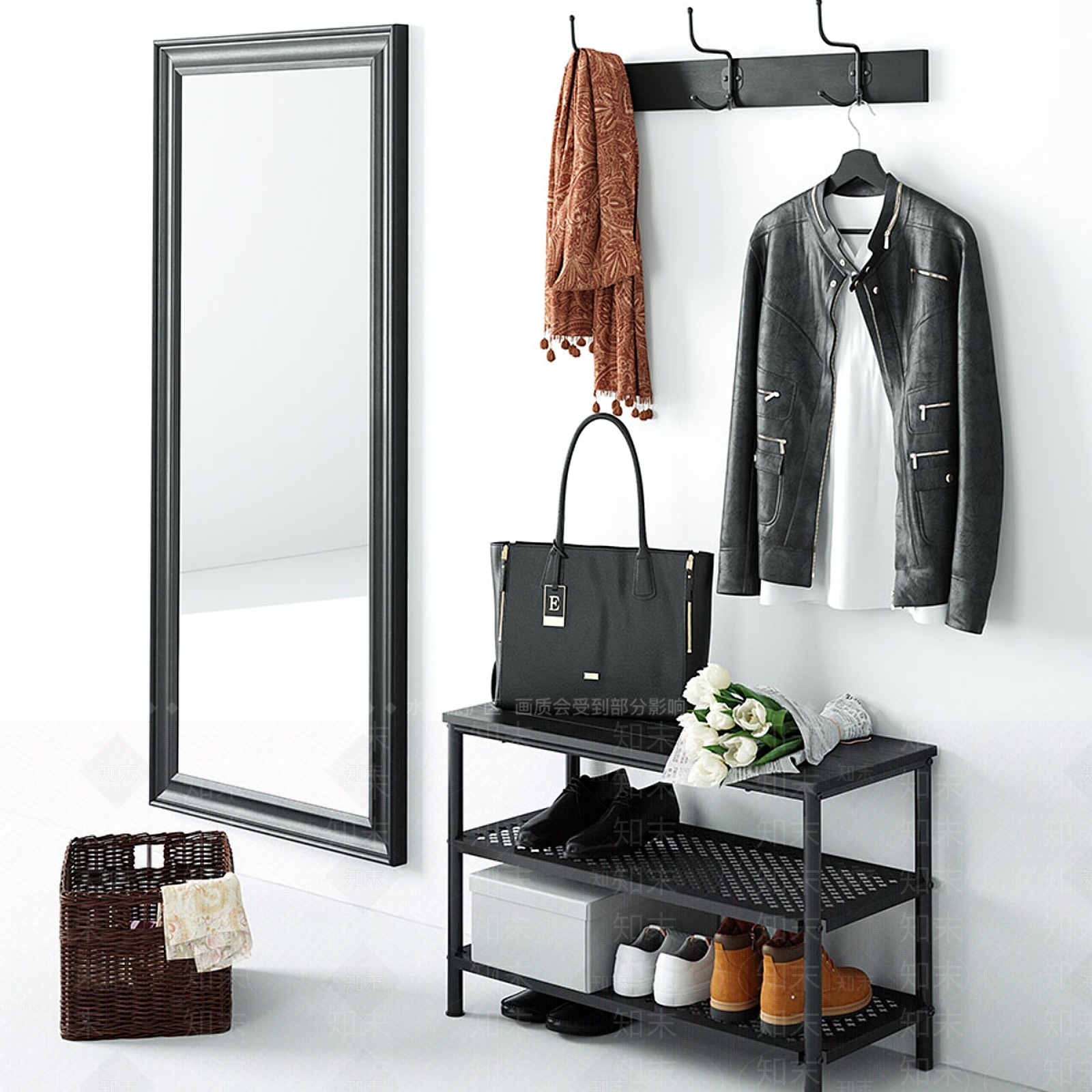 现代鞋架服饰镜子篮子组合3D模型下载【ID:1187015743】