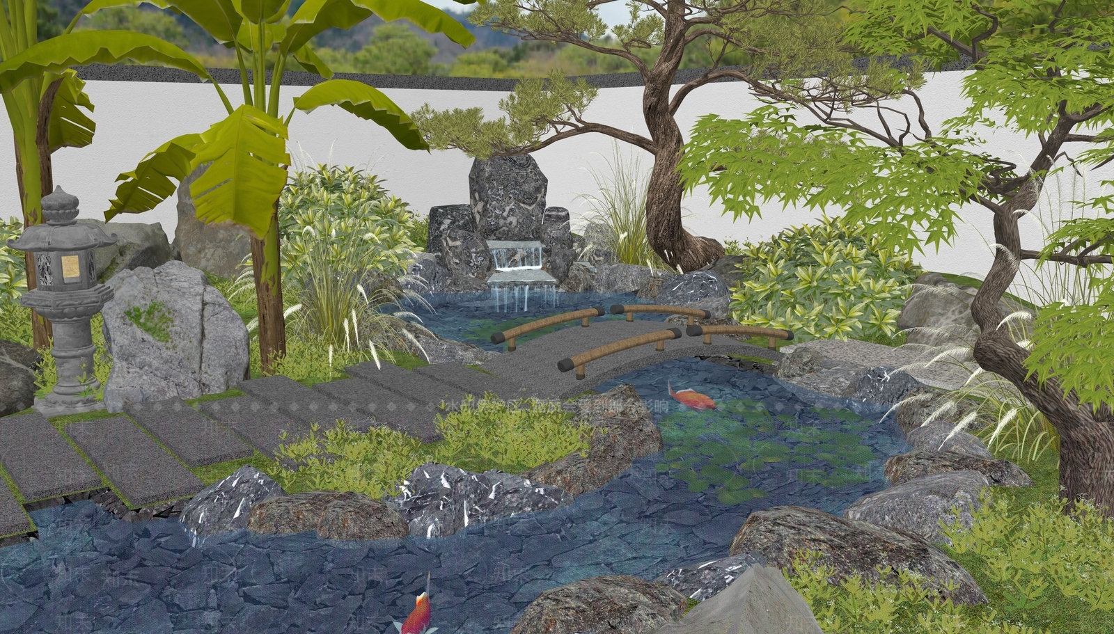 日式新中式水景SU模型下载【ID:1187065101】