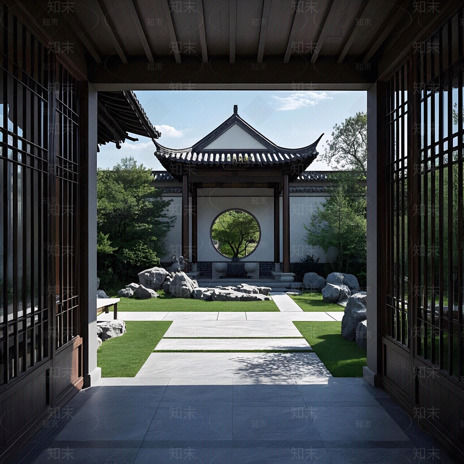 新中式禅意小区外景贴图下载【ID:1187065434】