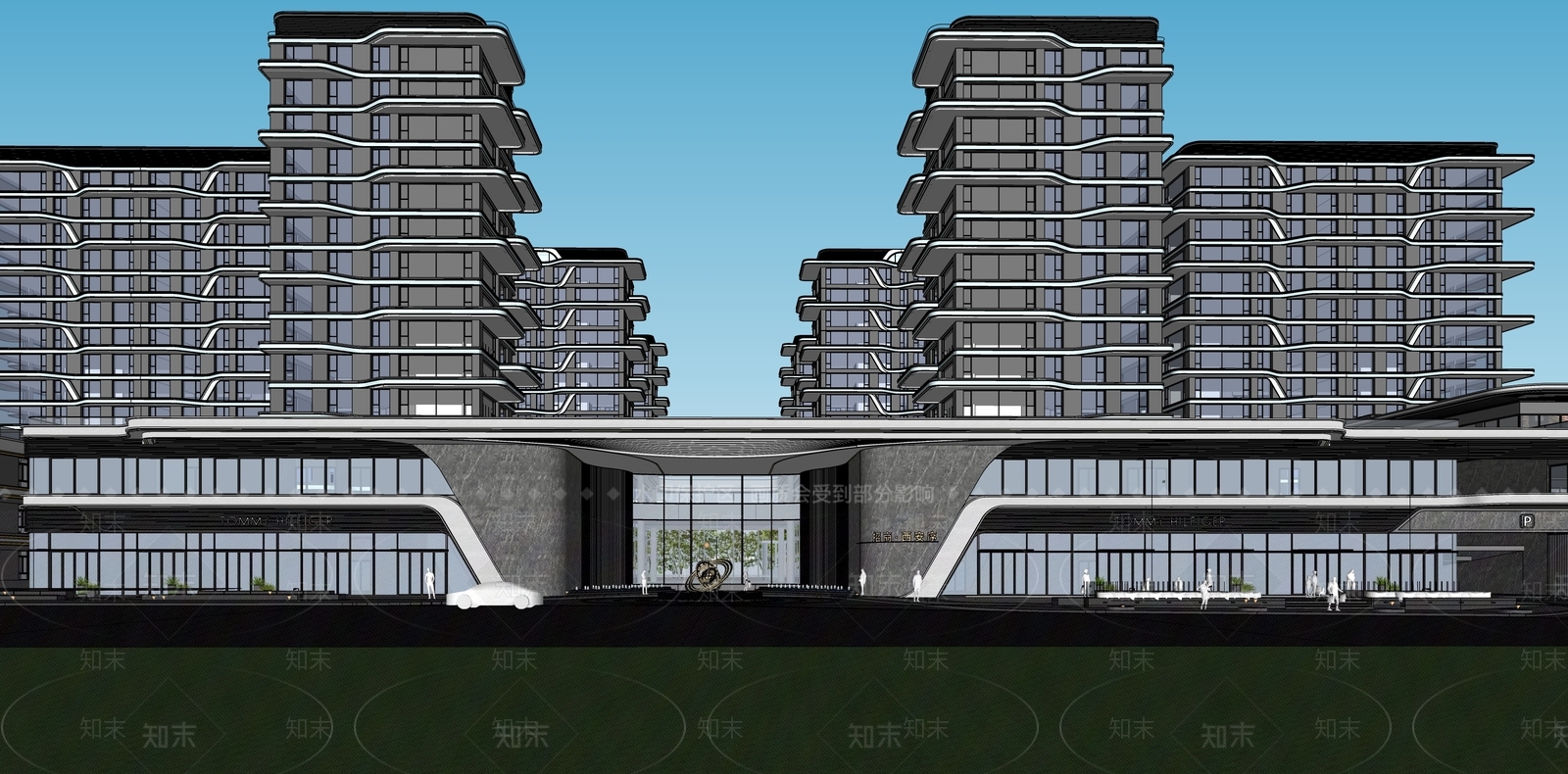 现代轻奢小区建筑SU模型下载【ID:1187131301】