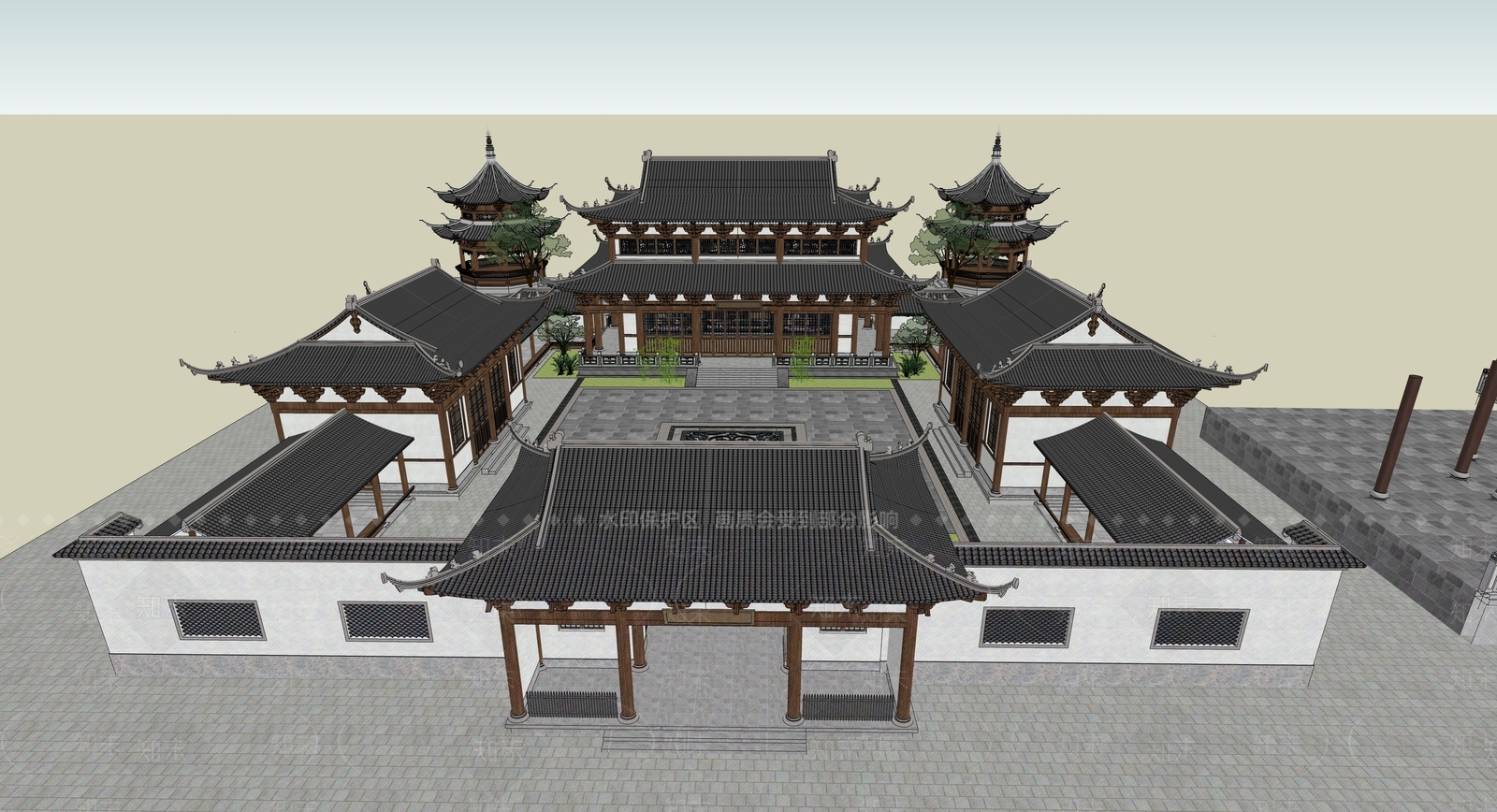 新中式民宿建筑SU模型下载【ID:1187140419】