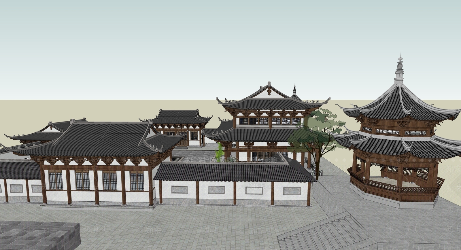 新中式民宿建筑SU模型下载【ID:1187140419】