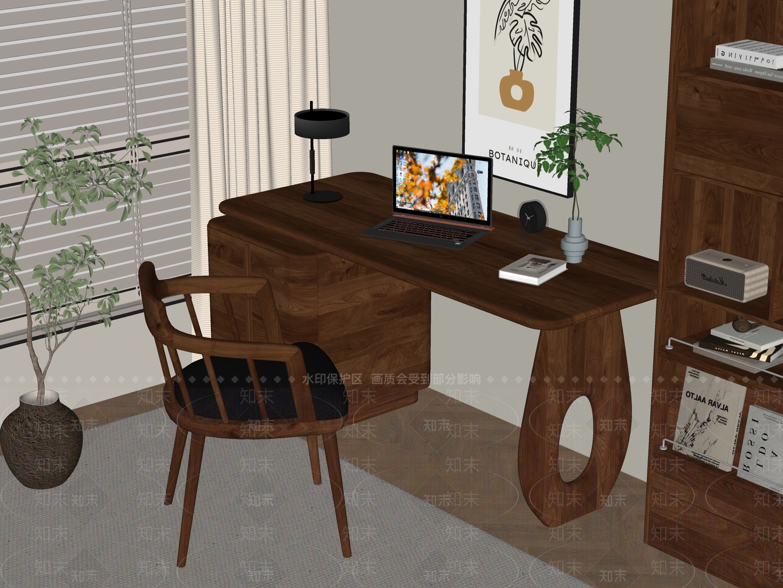 侘寂中古书桌椅SU模型下载【ID:1187143261】