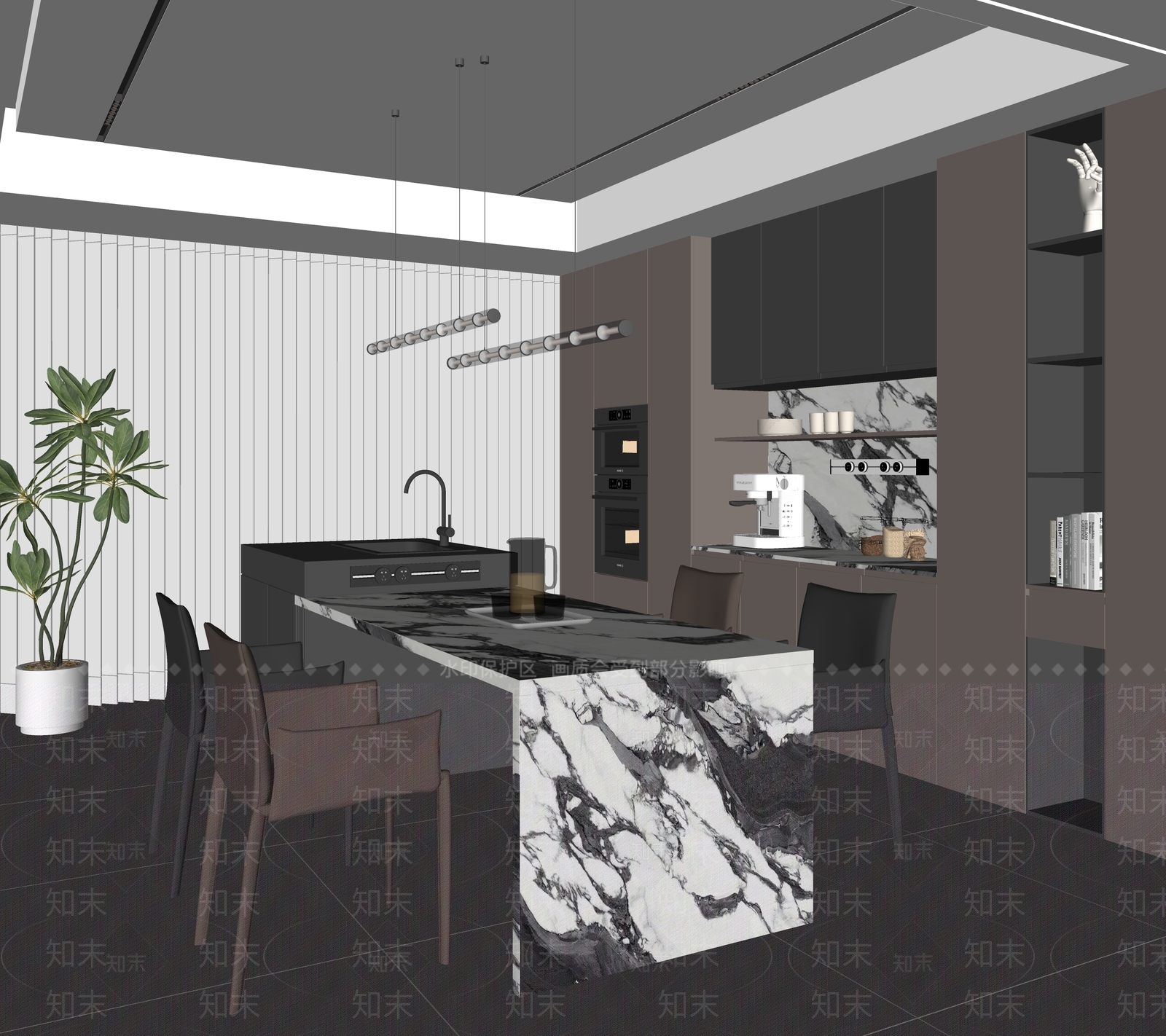 大理石中岛台餐桌椅SU模型下载【ID:1227579940】