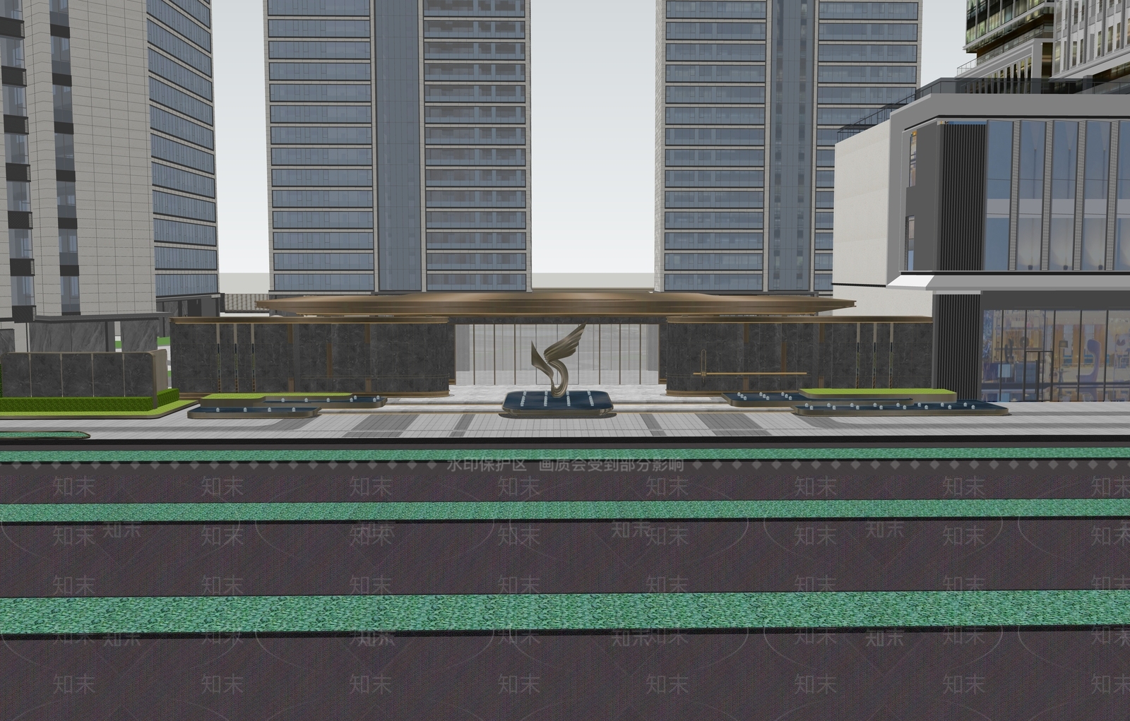 现代新中式小区景观SU模型下载【ID:1187166812】