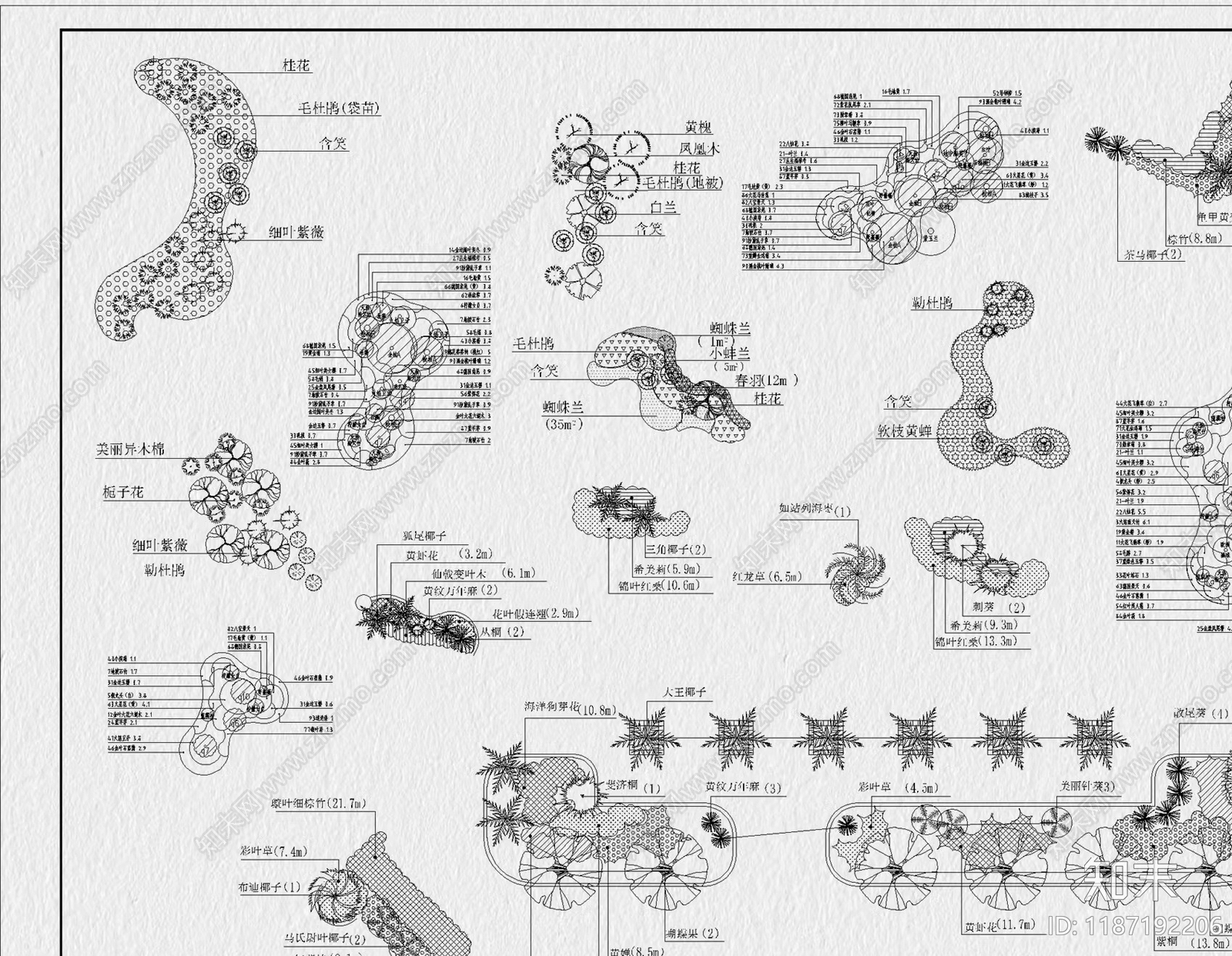 现代植物配置图库cad施工图下载【ID:1187192206】