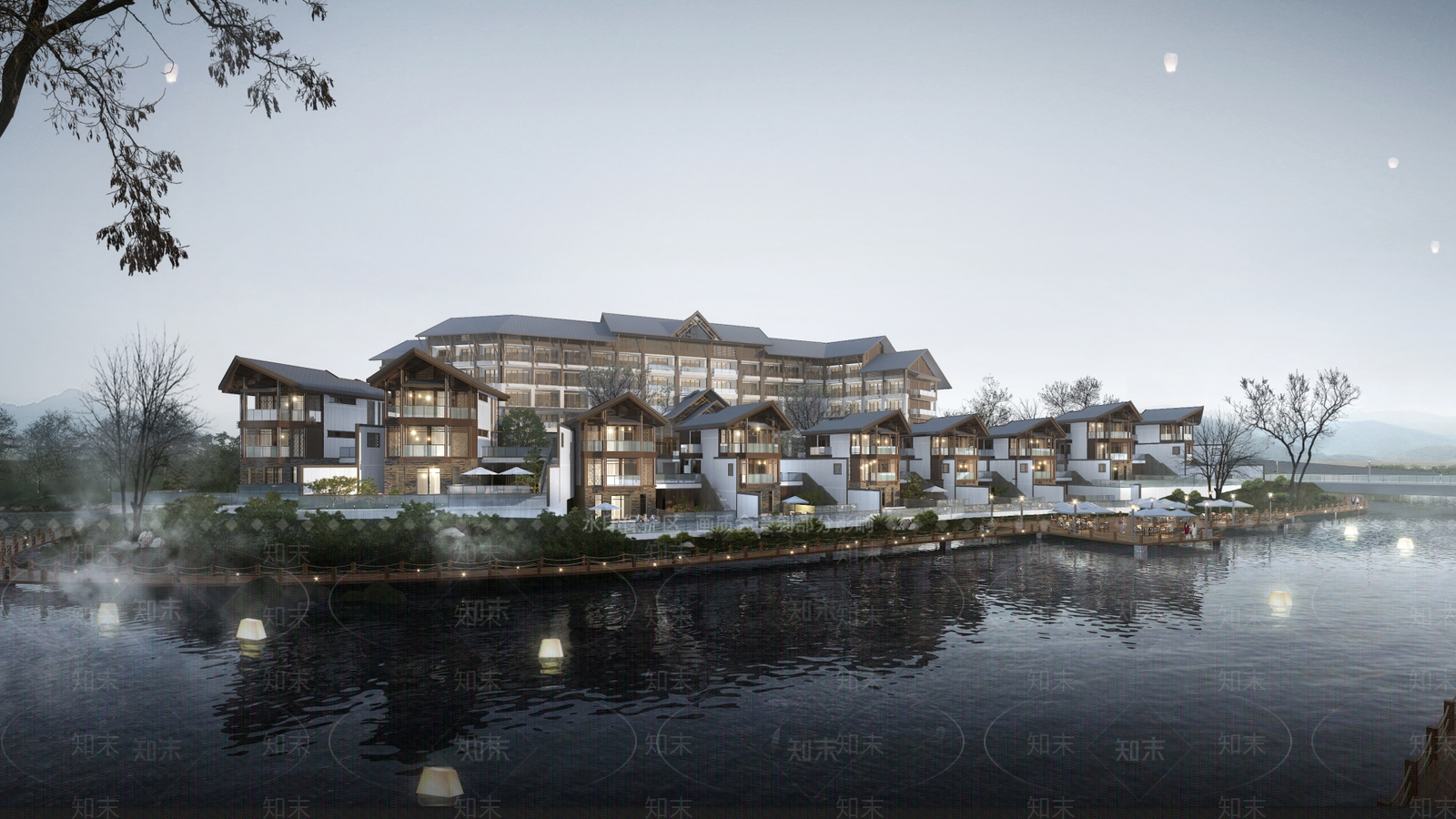 中式新中式酒店建筑SU模型下载【ID:1187233918】