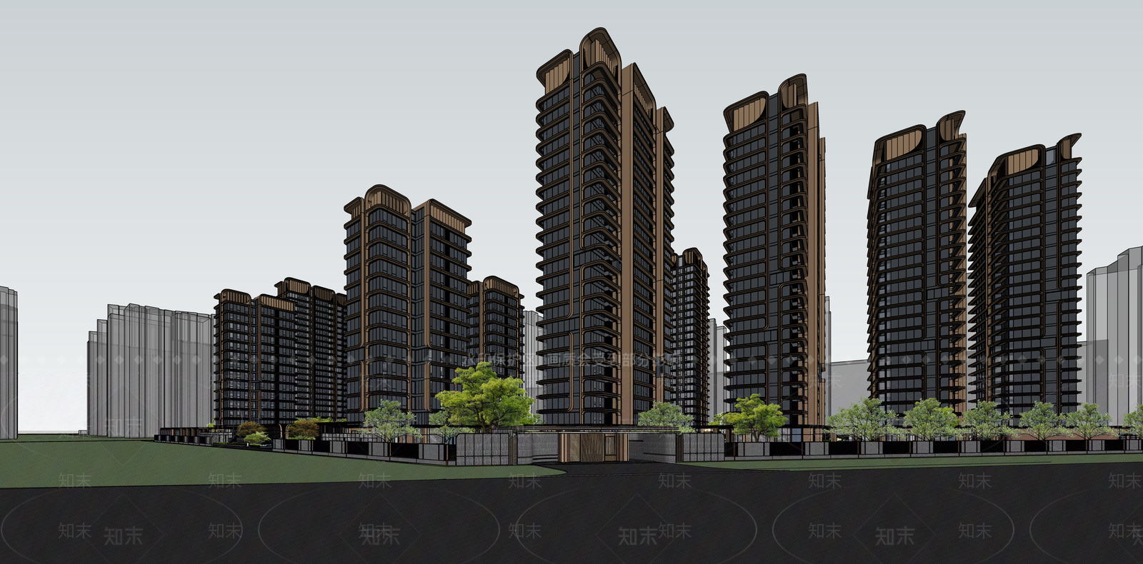 现代轻奢小区建筑SU模型下载【ID:1187279951】