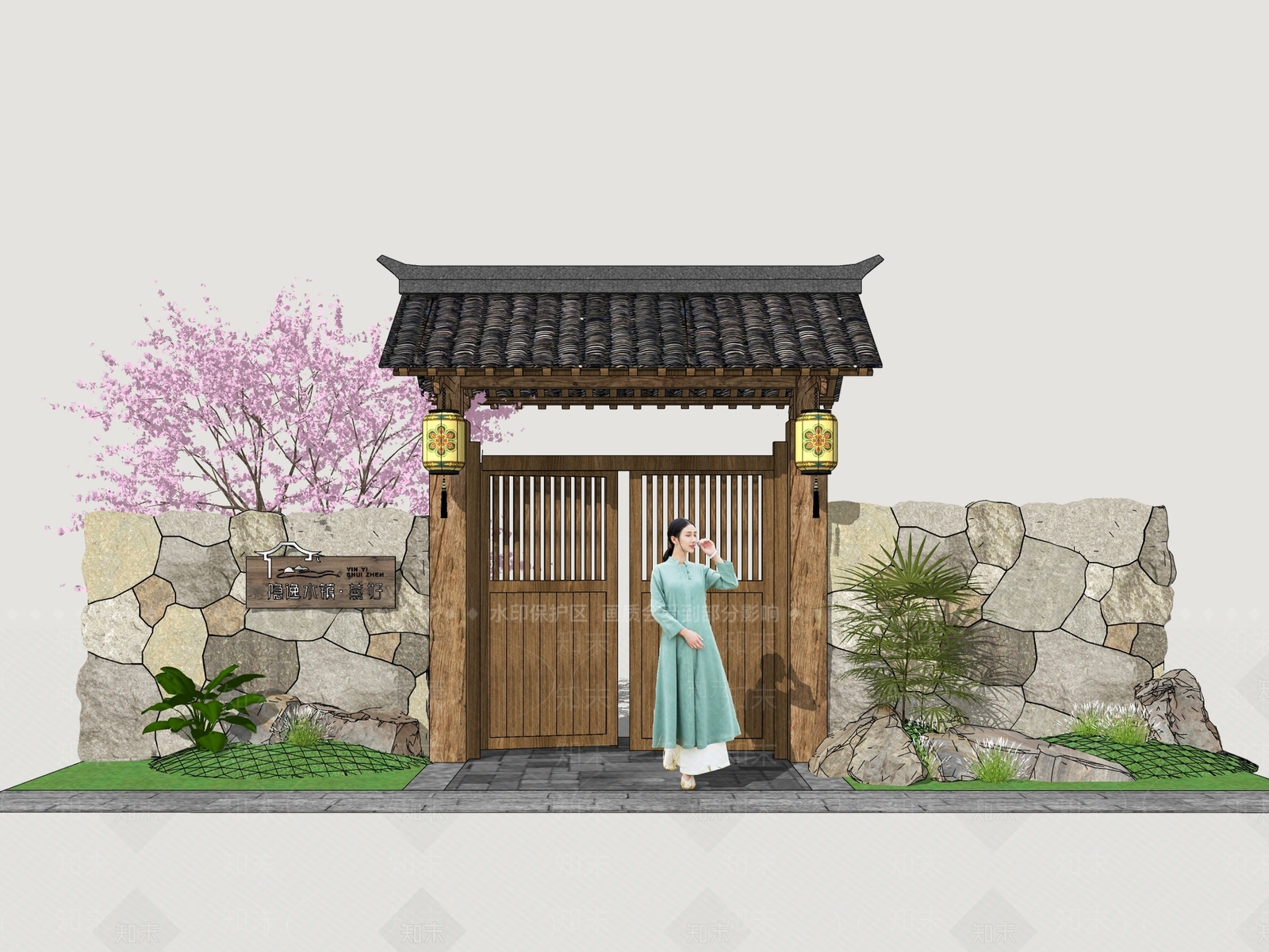 新中式庭院门SU模型下载【ID:1187308055】