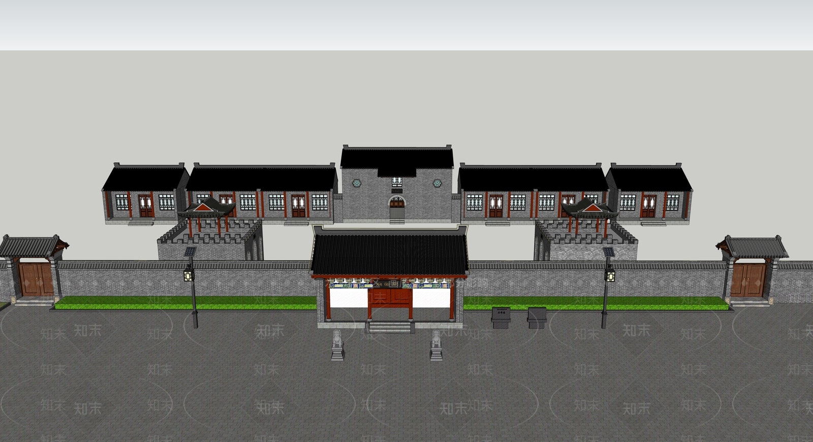 中式新中式展览馆建筑SU模型下载【ID:1187344944】
