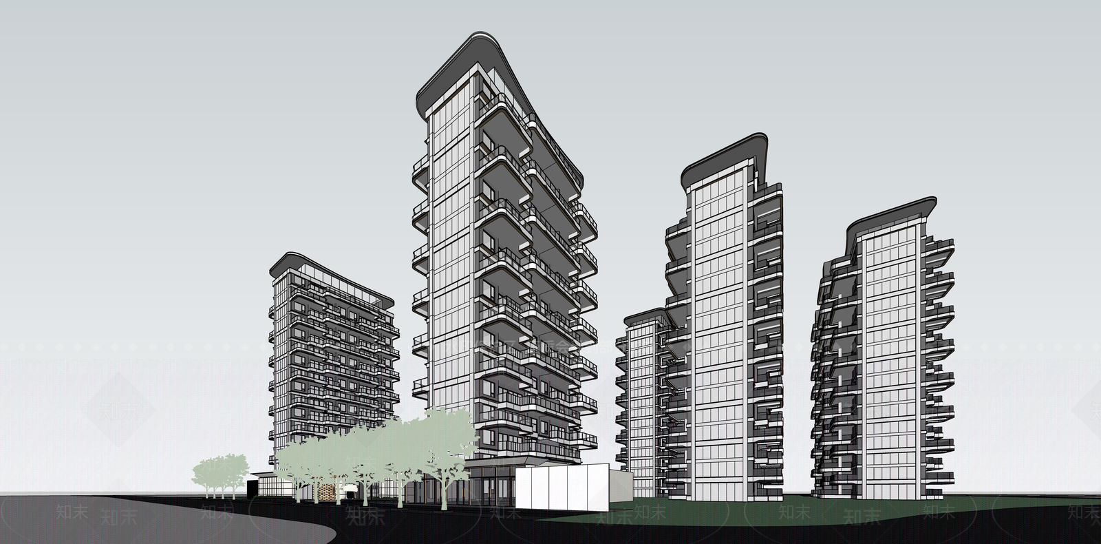 现代轻奢小区建筑SU模型下载【ID:1187348437】