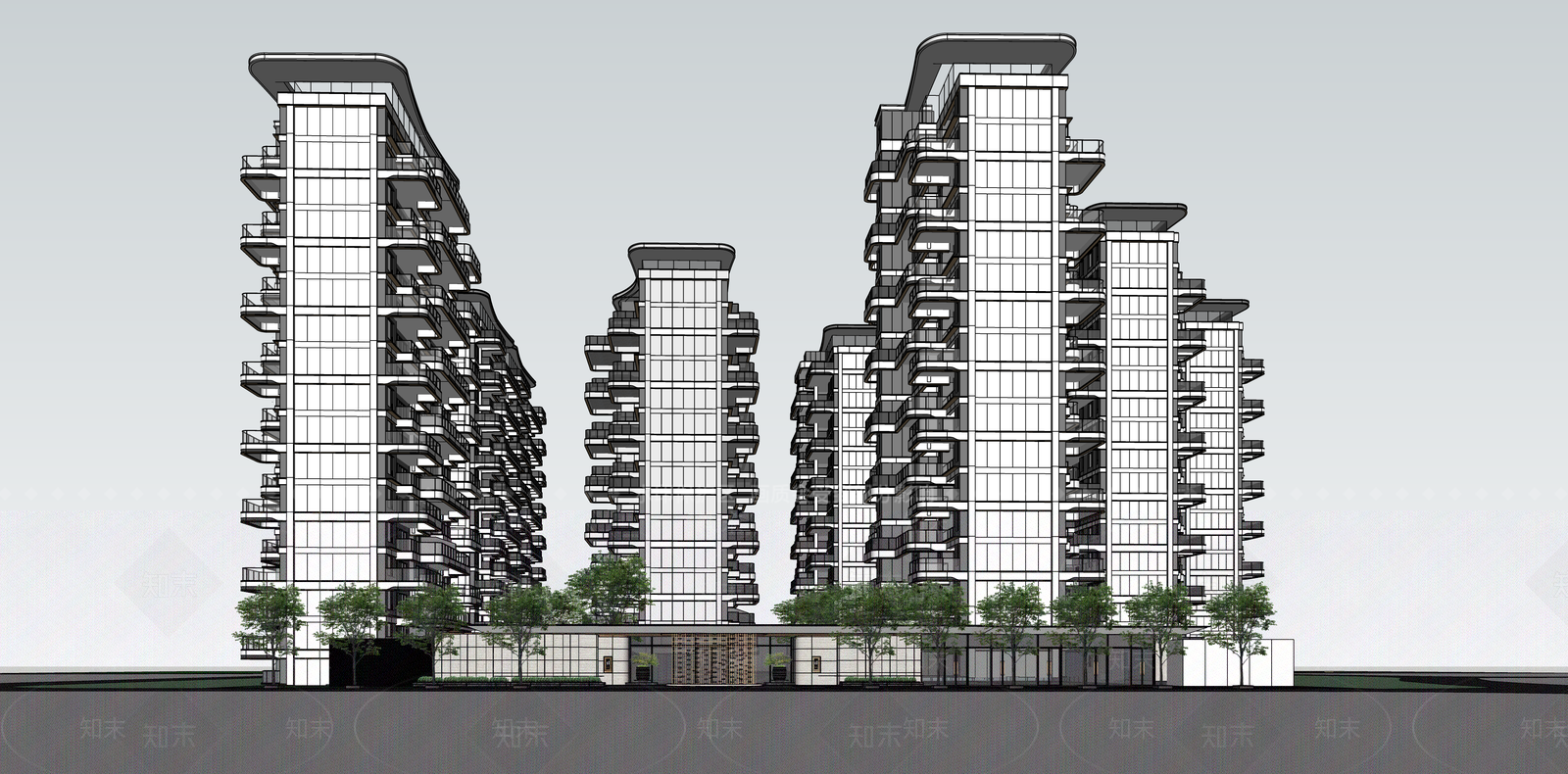 现代轻奢小区建筑SU模型下载【ID:1187348437】