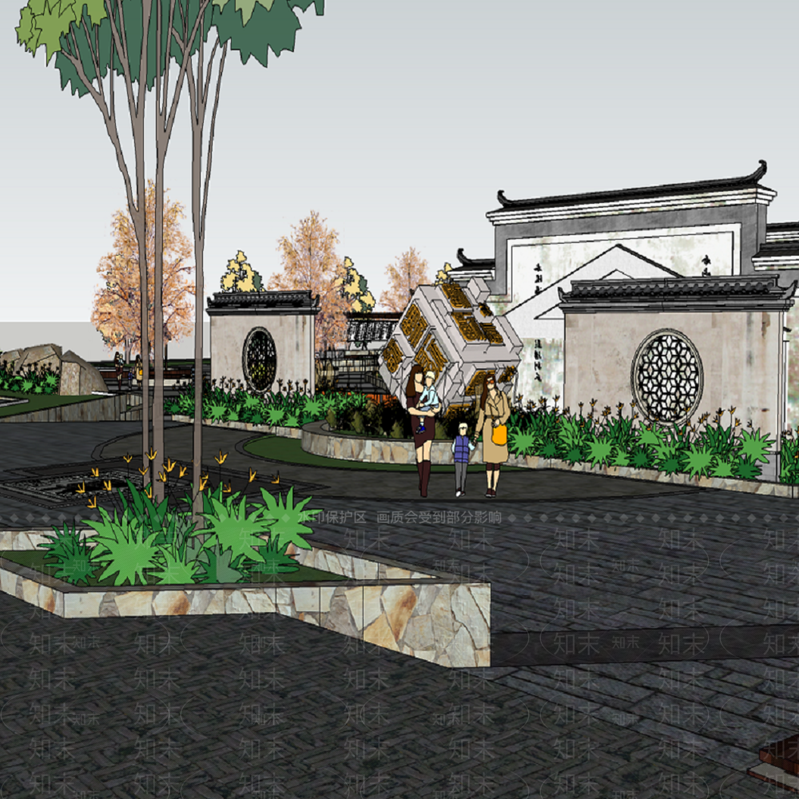 新中式现代滨水景观SU模型下载【ID:1187374771】