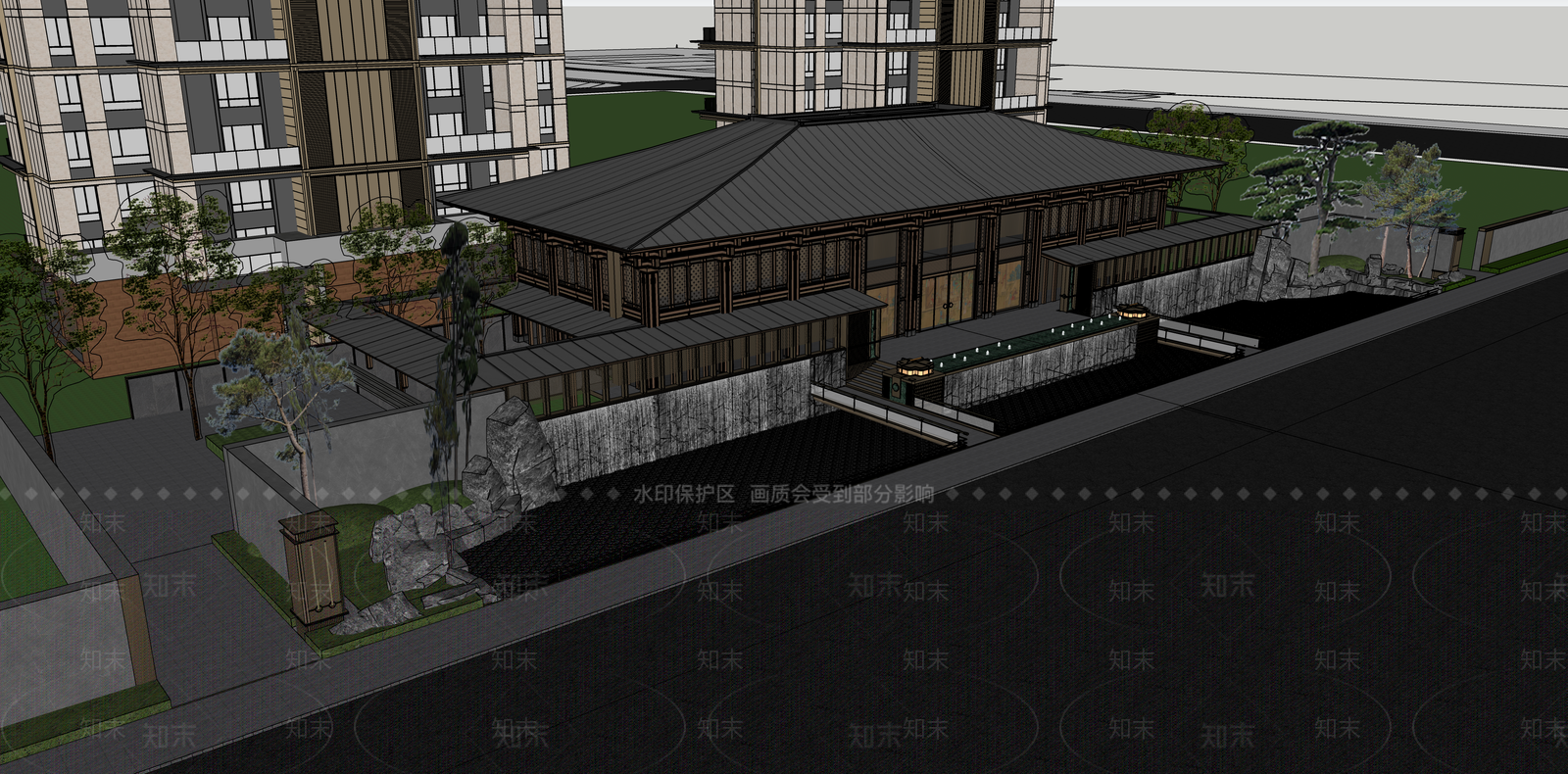 新中式中式小区建筑SU模型下载【ID:1187375007】