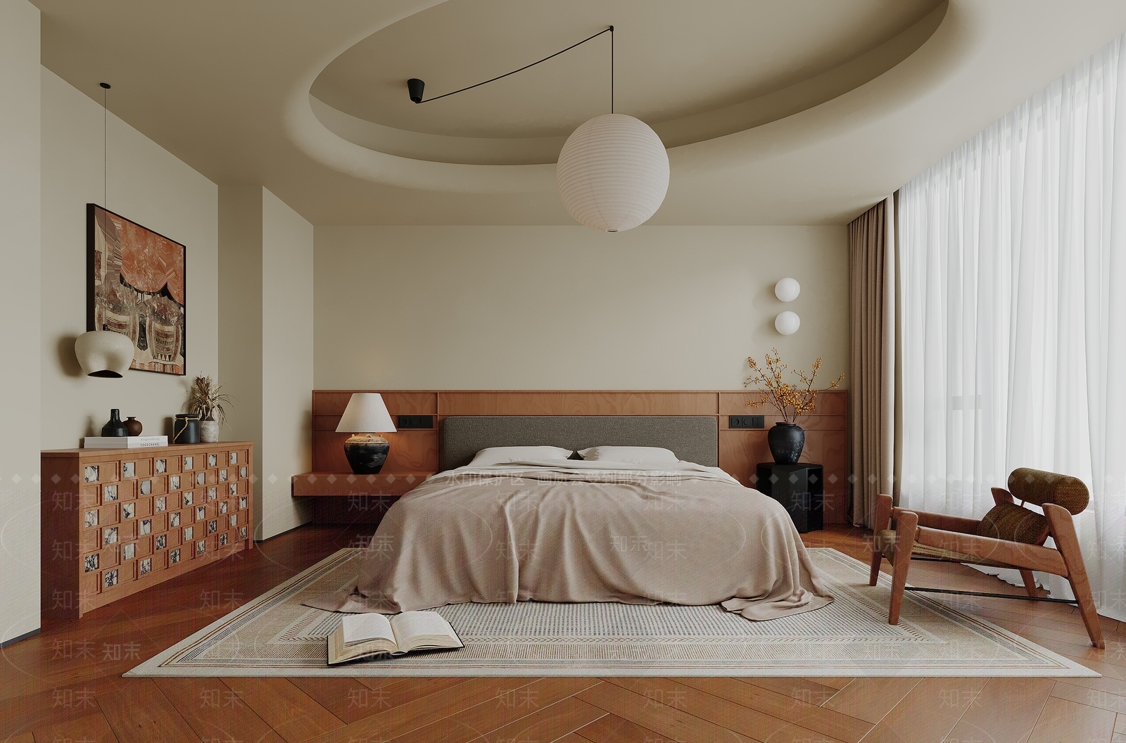 现代侘寂中古风卧室3D模型下载【ID:1187377387】