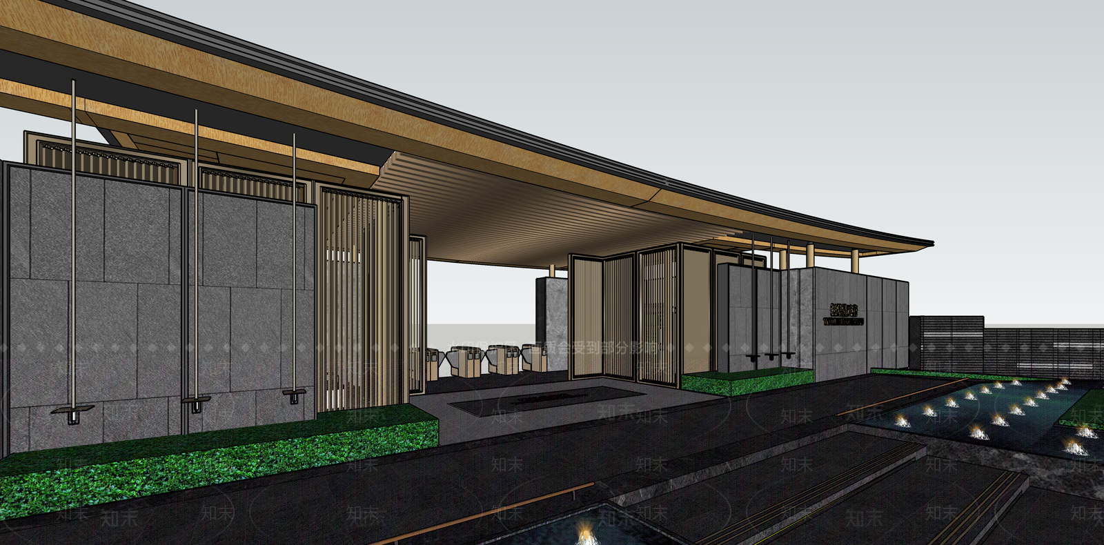 现代新中式入口大门SU模型下载【ID:1187381415】