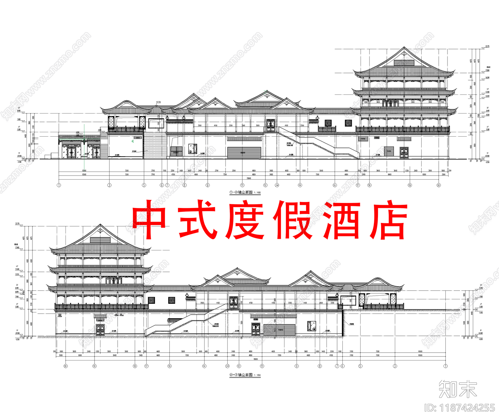 中式新中式酒店建筑施工图下载【ID:1187424255】