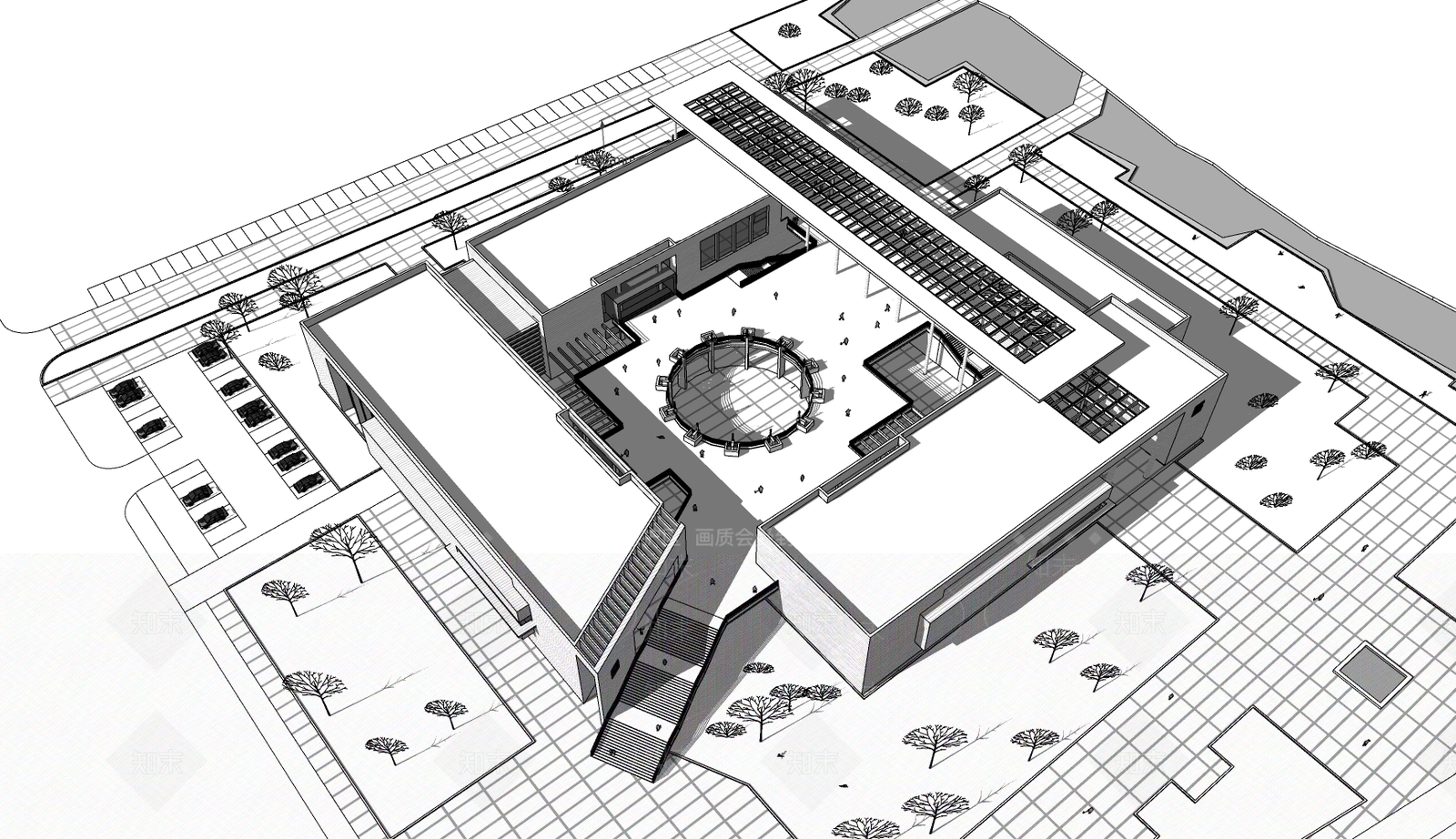 现代展览馆建筑SU模型下载【ID:1187426962】