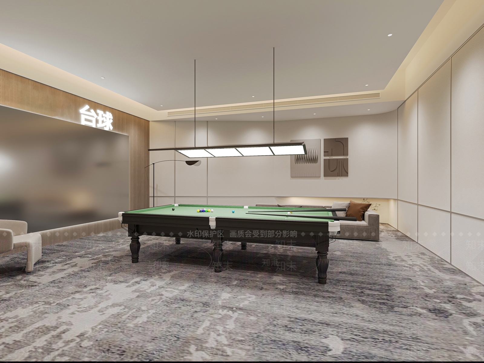 现代奶油台球室3D模型下载【ID:1187437746】