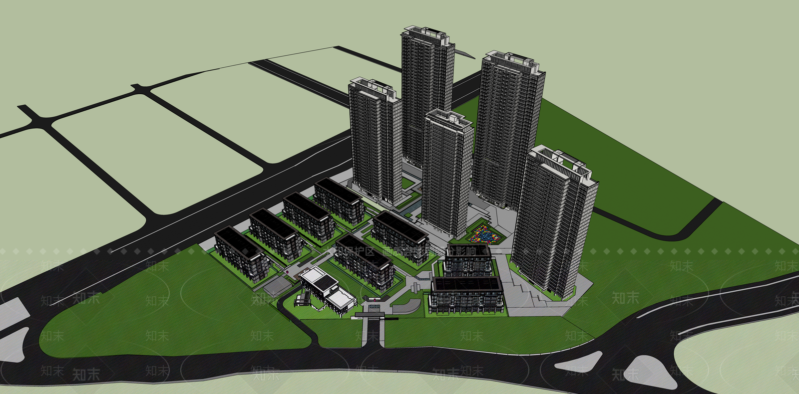 现代新中式小区建筑SU模型下载【ID:1187465537】