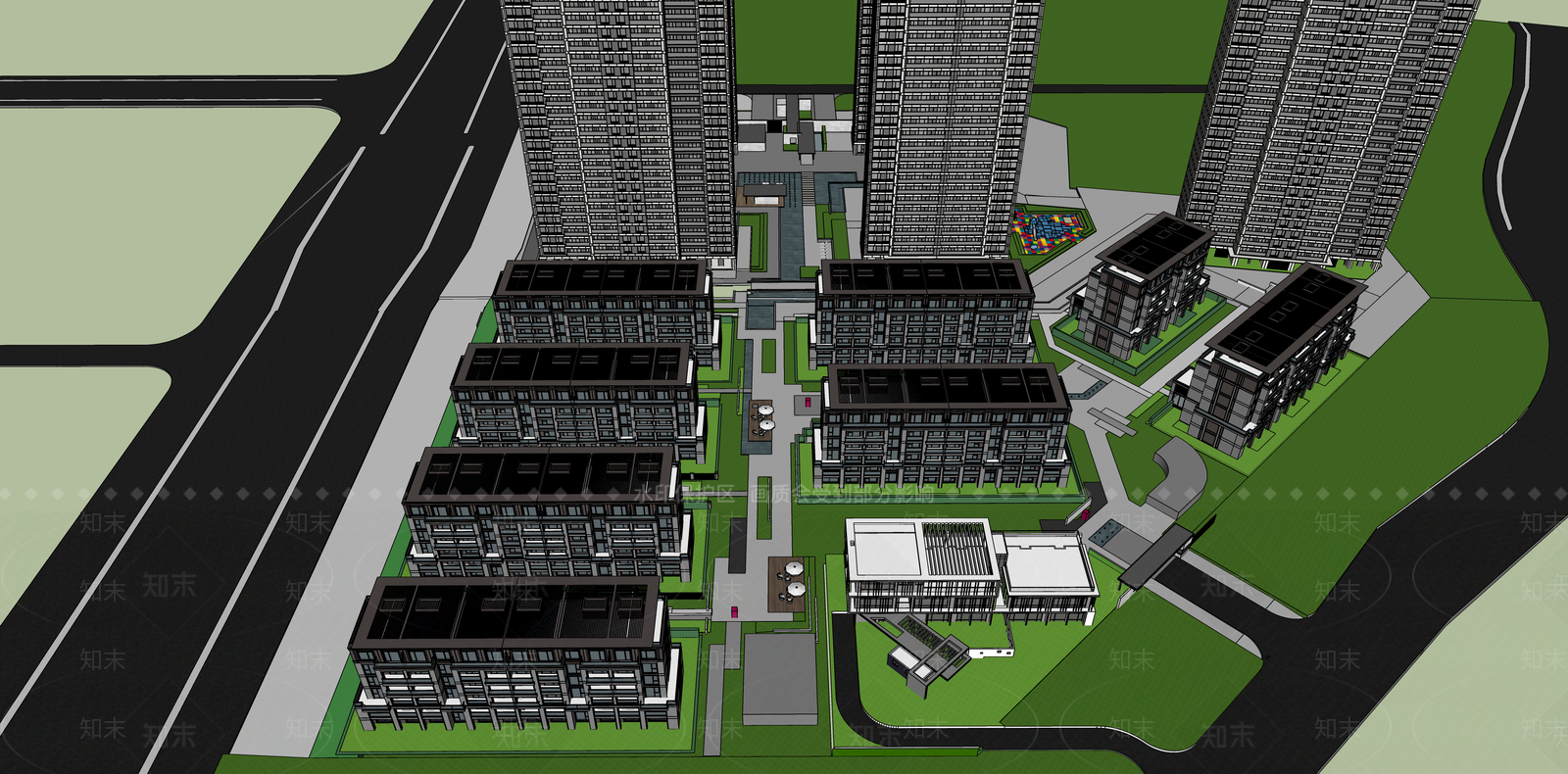 现代新中式小区建筑SU模型下载【ID:1187465537】