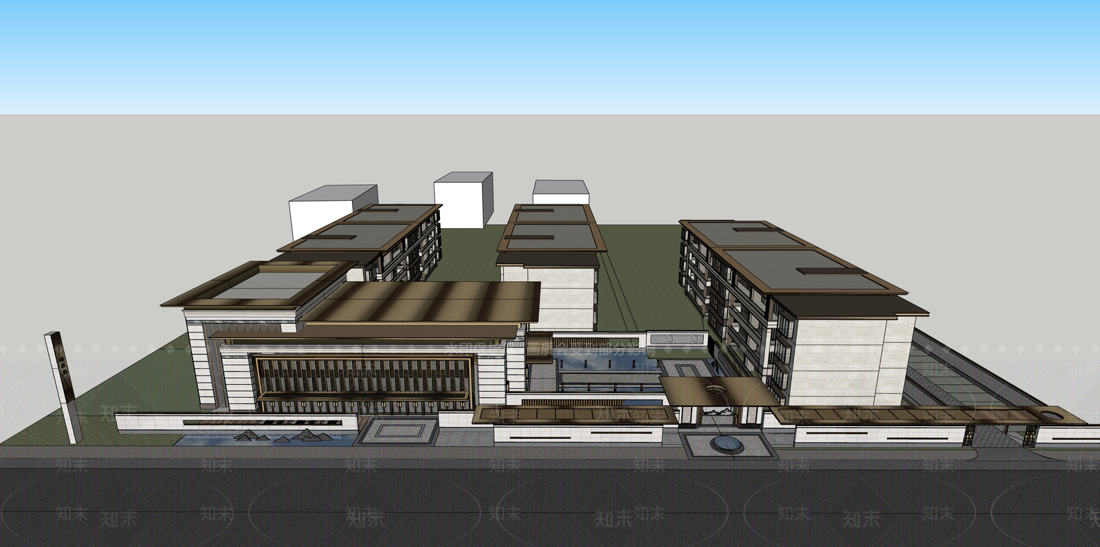 新中式中式小区建筑SU模型下载【ID:1187467551】