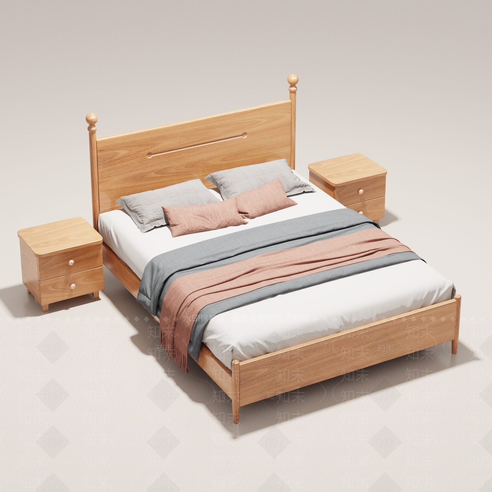 北欧原木双人床3D模型下载【ID:1187497583】