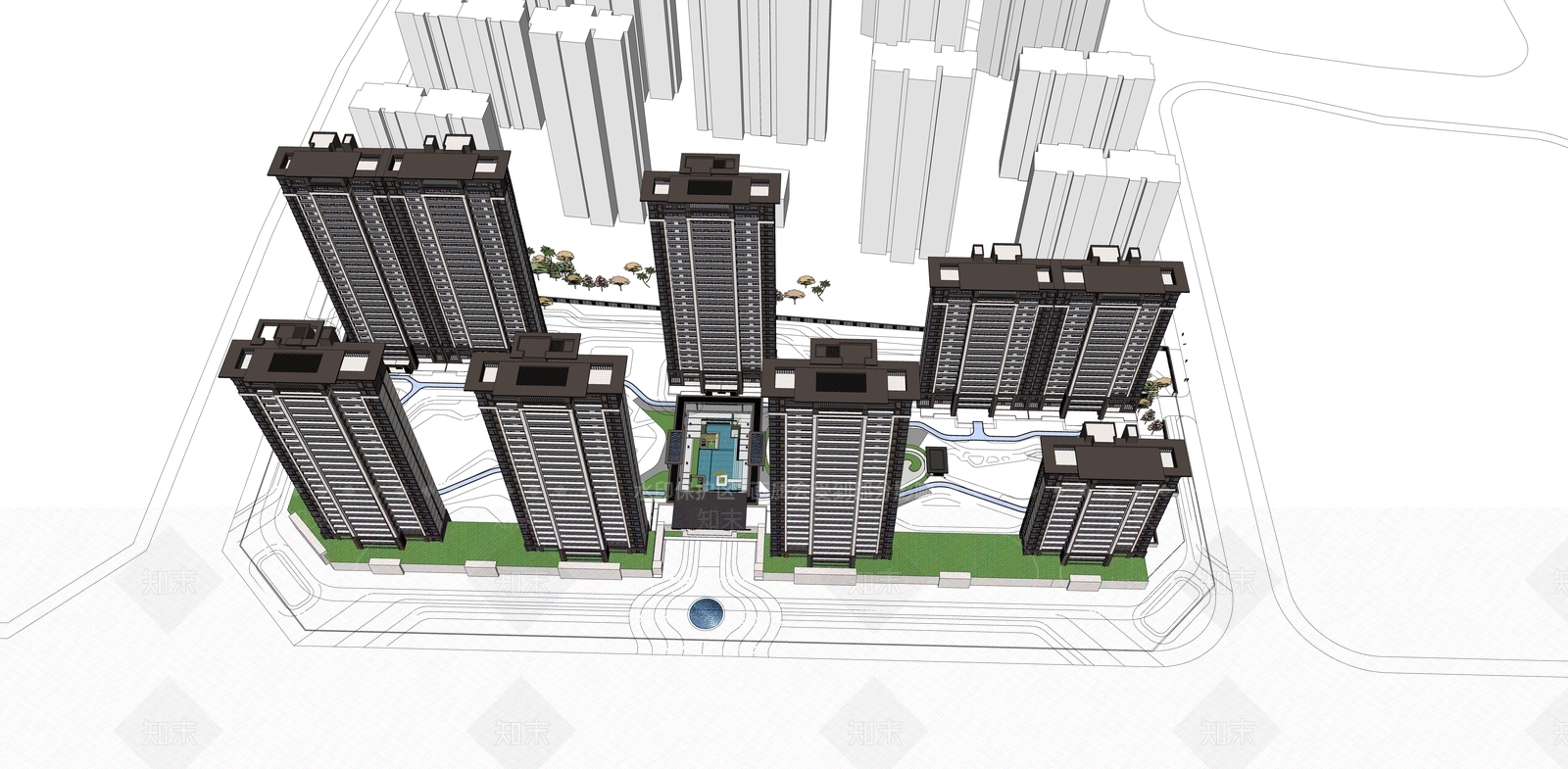 新中式小区建筑SU模型下载【ID:1187512229】