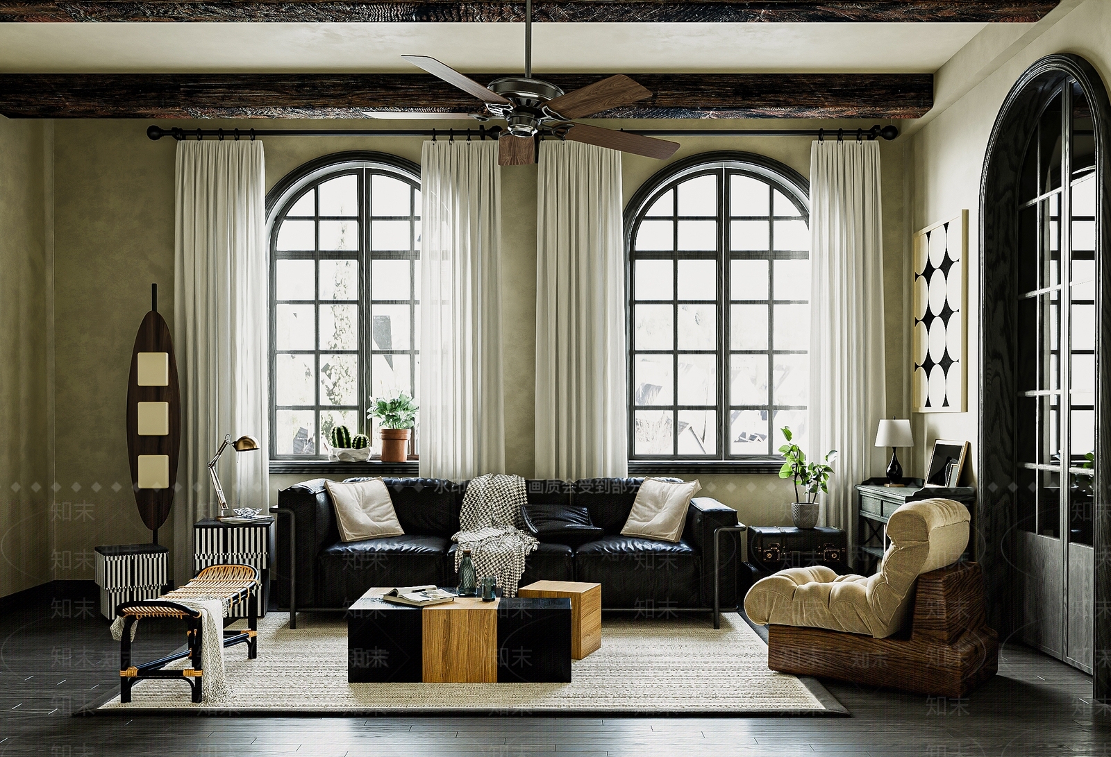 美式中古大平层客餐厅3D模型下载【ID:1187544614】