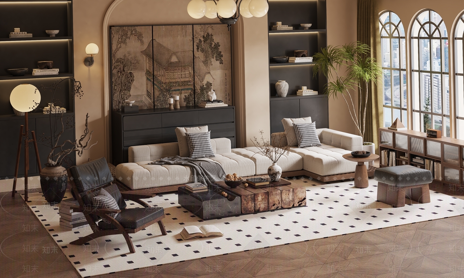 现代中古风客厅3D模型下载【ID:1187547283】