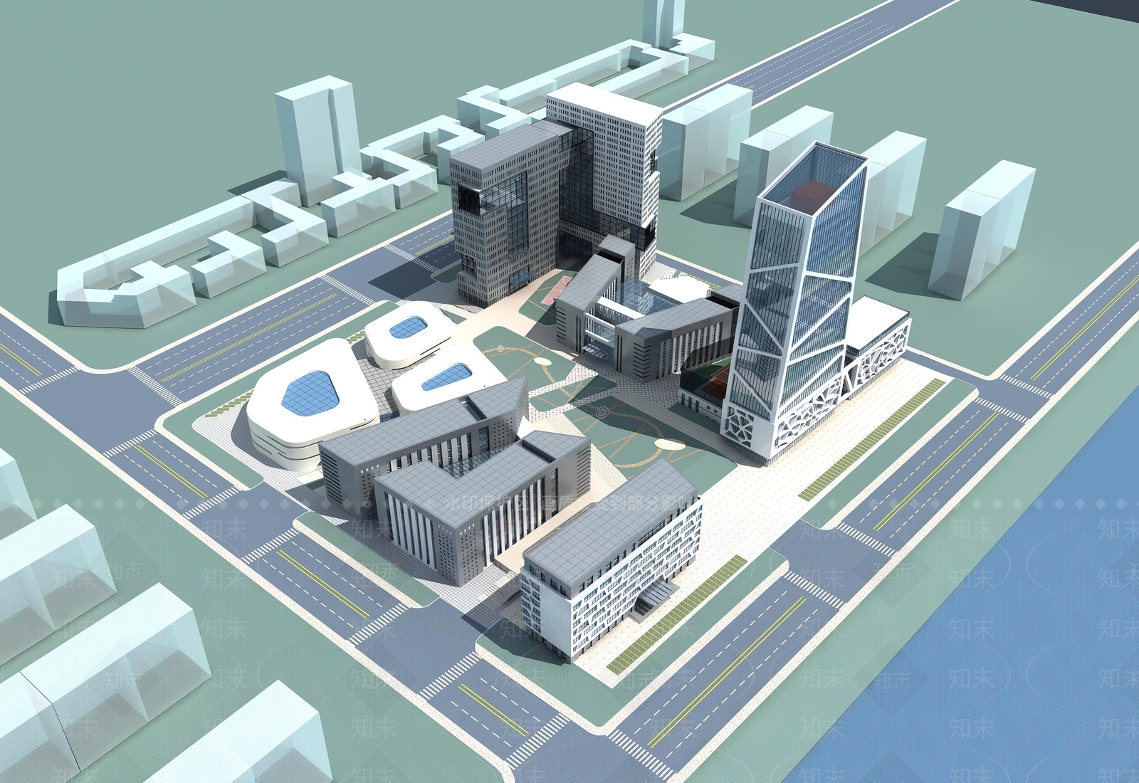 现代鸟瞰规划3D模型下载【ID:1187585757】