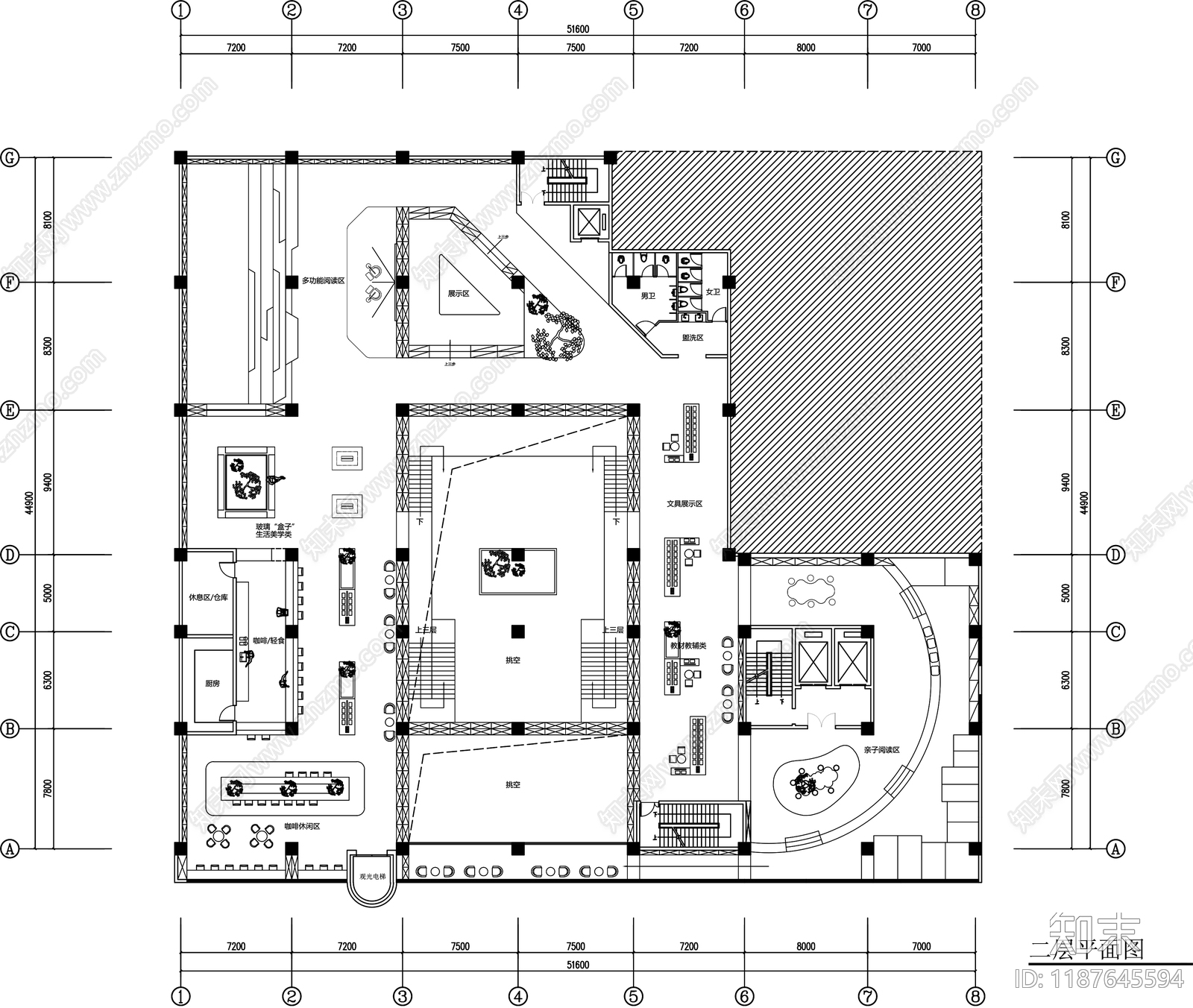 现代图书馆cad施工图下载【ID:1187645594】