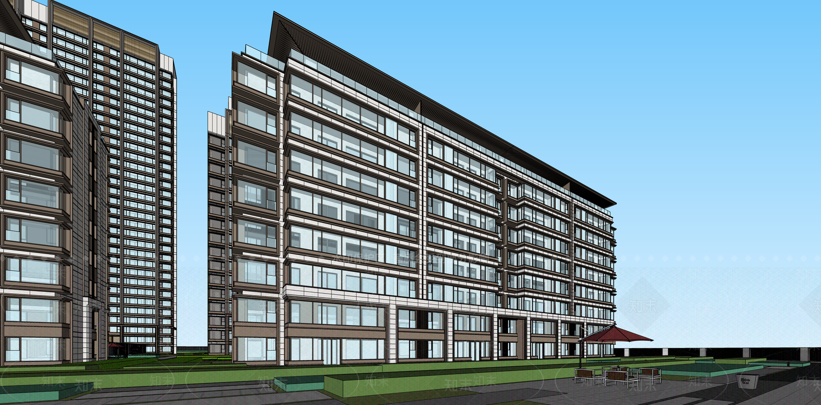 现代新中式小区建筑SU模型下载【ID:1187657816】