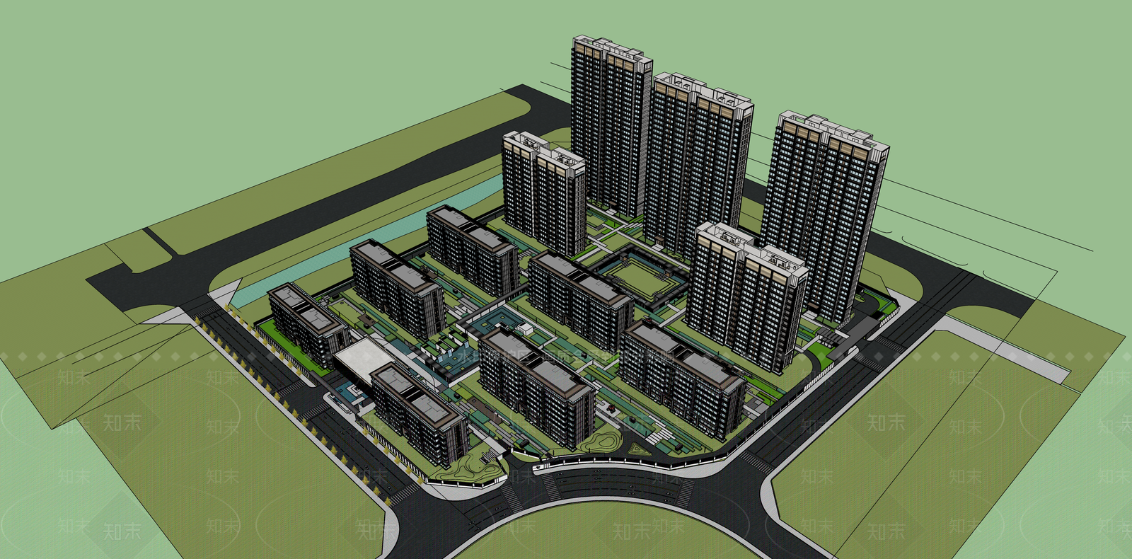现代新中式小区建筑SU模型下载【ID:1187657816】
