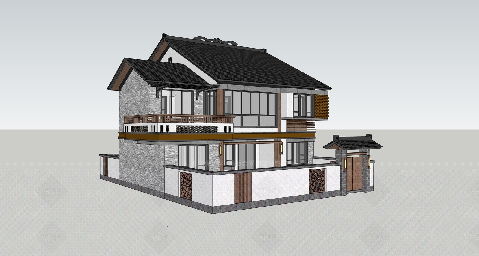 新中式中式民宿建筑SU模型下载【ID:1187683676】
