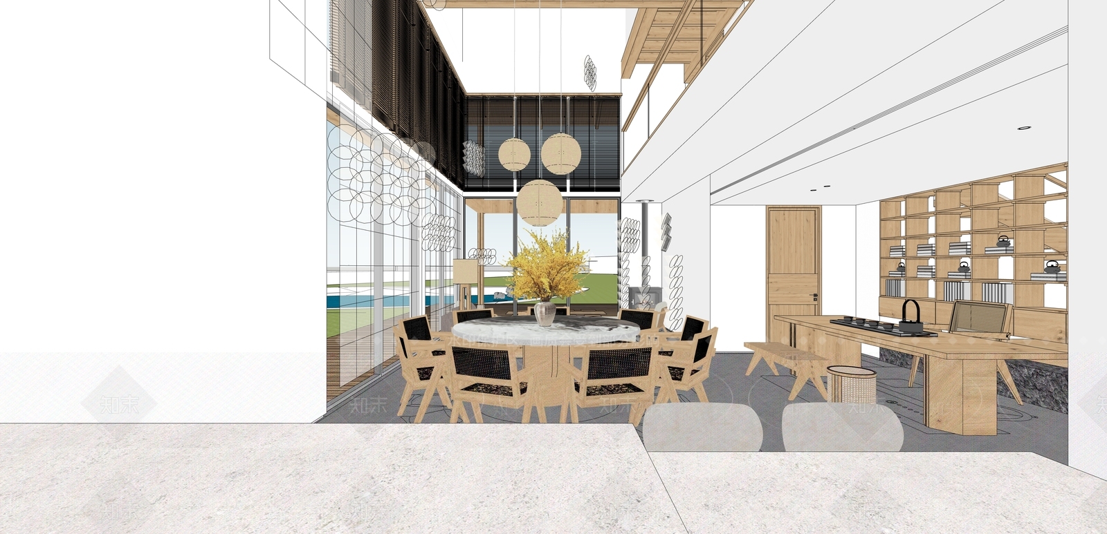 现代新中式民宿餐厅SU模型下载【ID:1187699914】