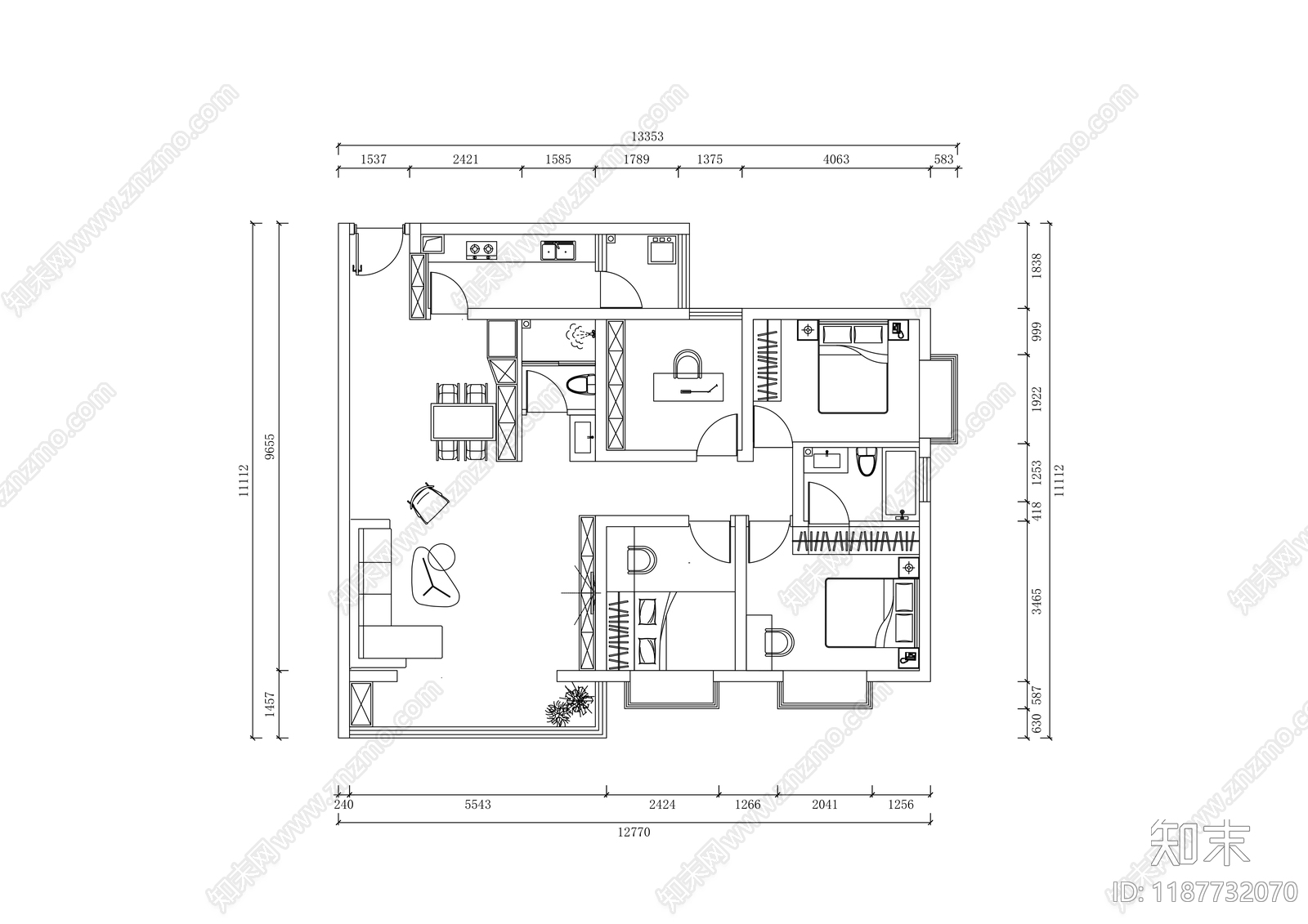 现代简约小户型平层施工图下载【ID:1187732070】