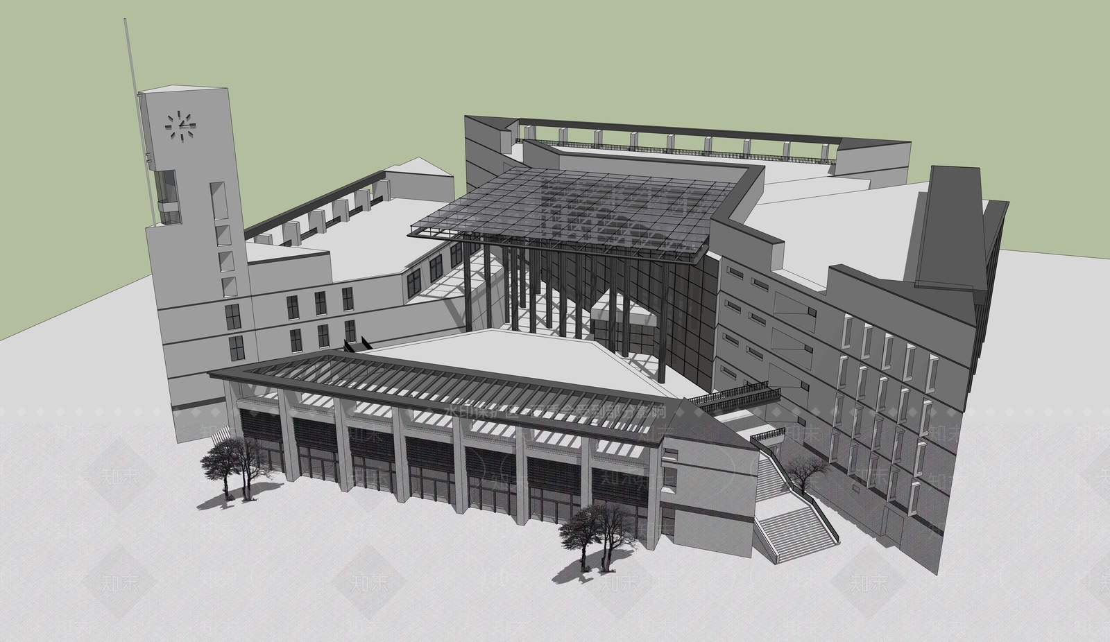 现代图书馆建筑SU模型下载【ID:1187754056】